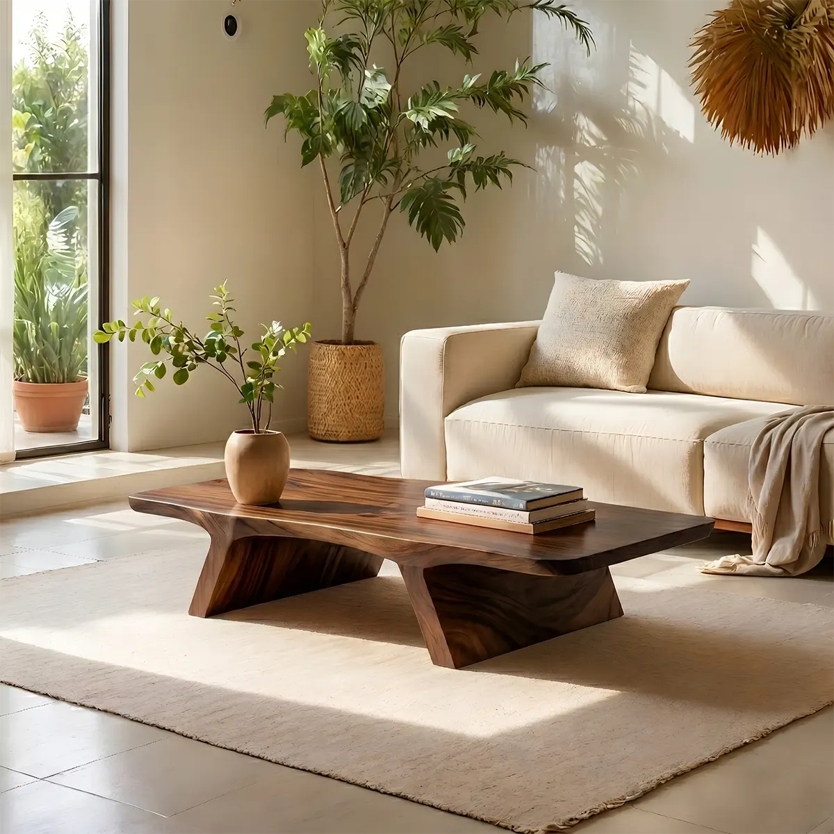 Solid Wood Live Edge Coffee Table with Sculptural Tapered Base