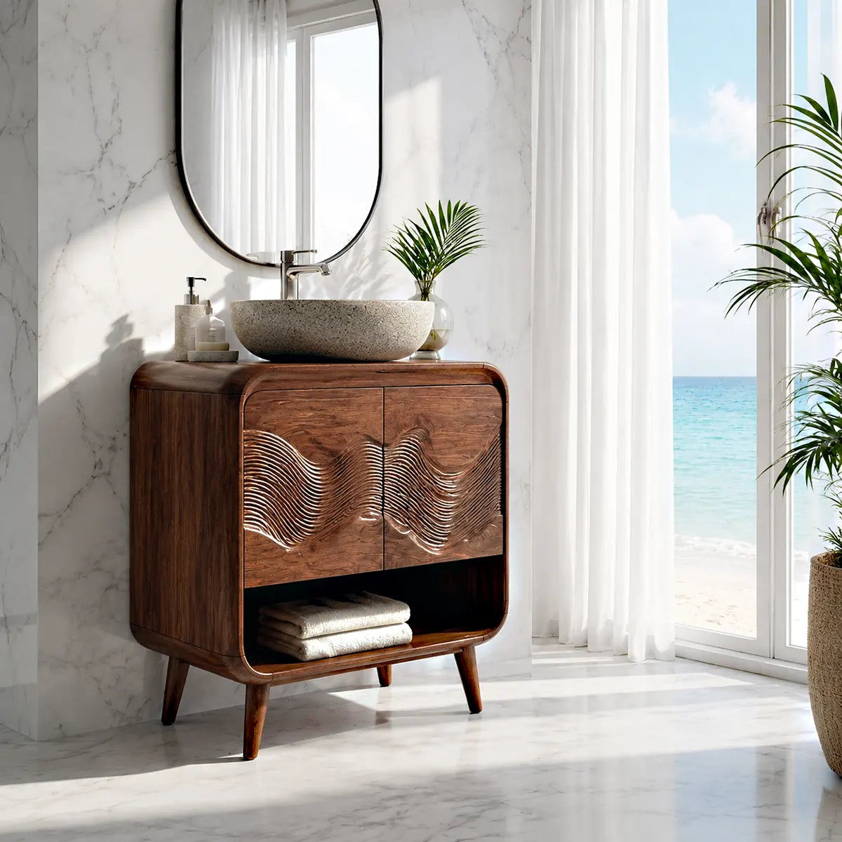 Wave Carved Bathroom Vanity with Open Shelf Storage TT006-1605