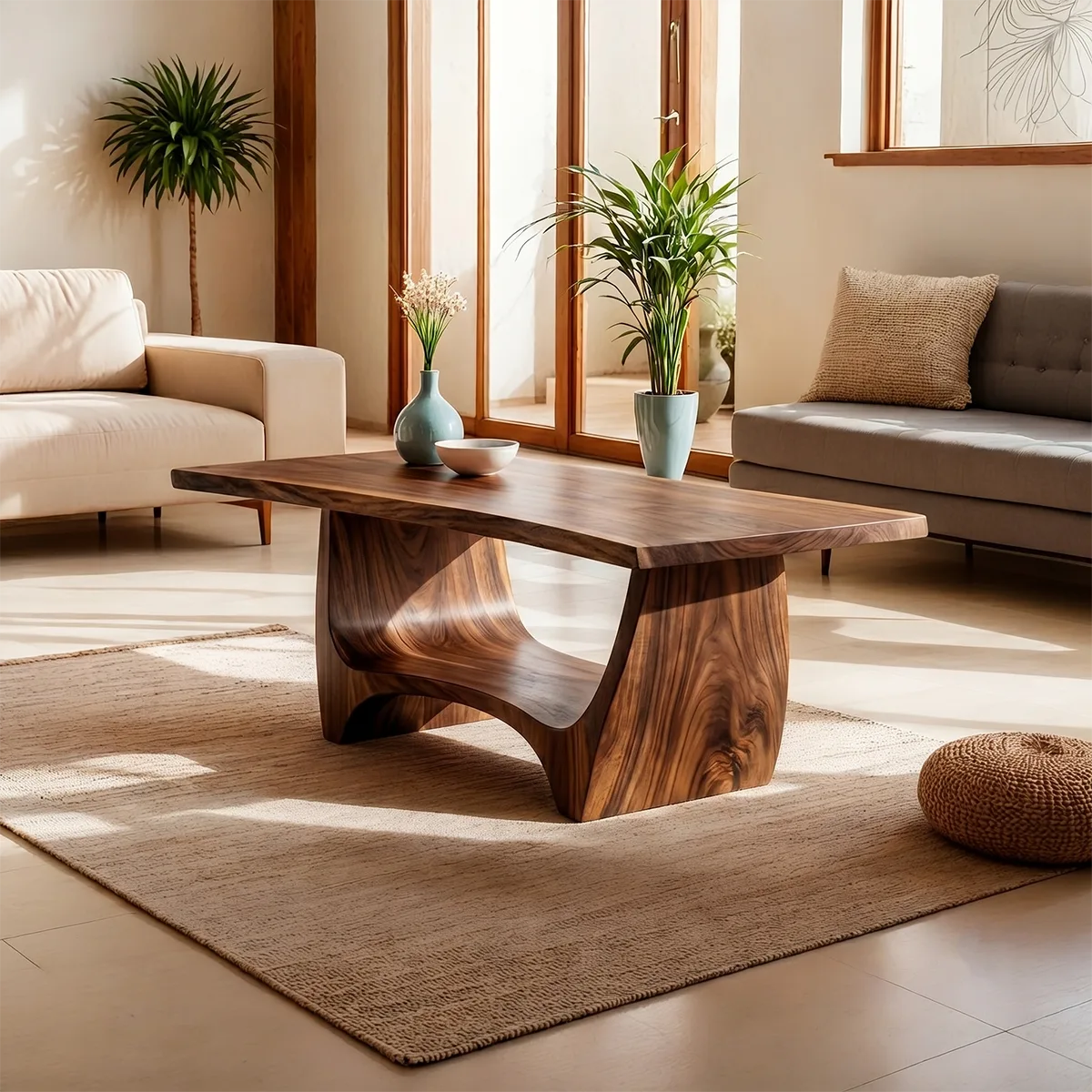 Handcrafted Solid Wood Coffee Table – Modern Rustic Sculptural Center Table