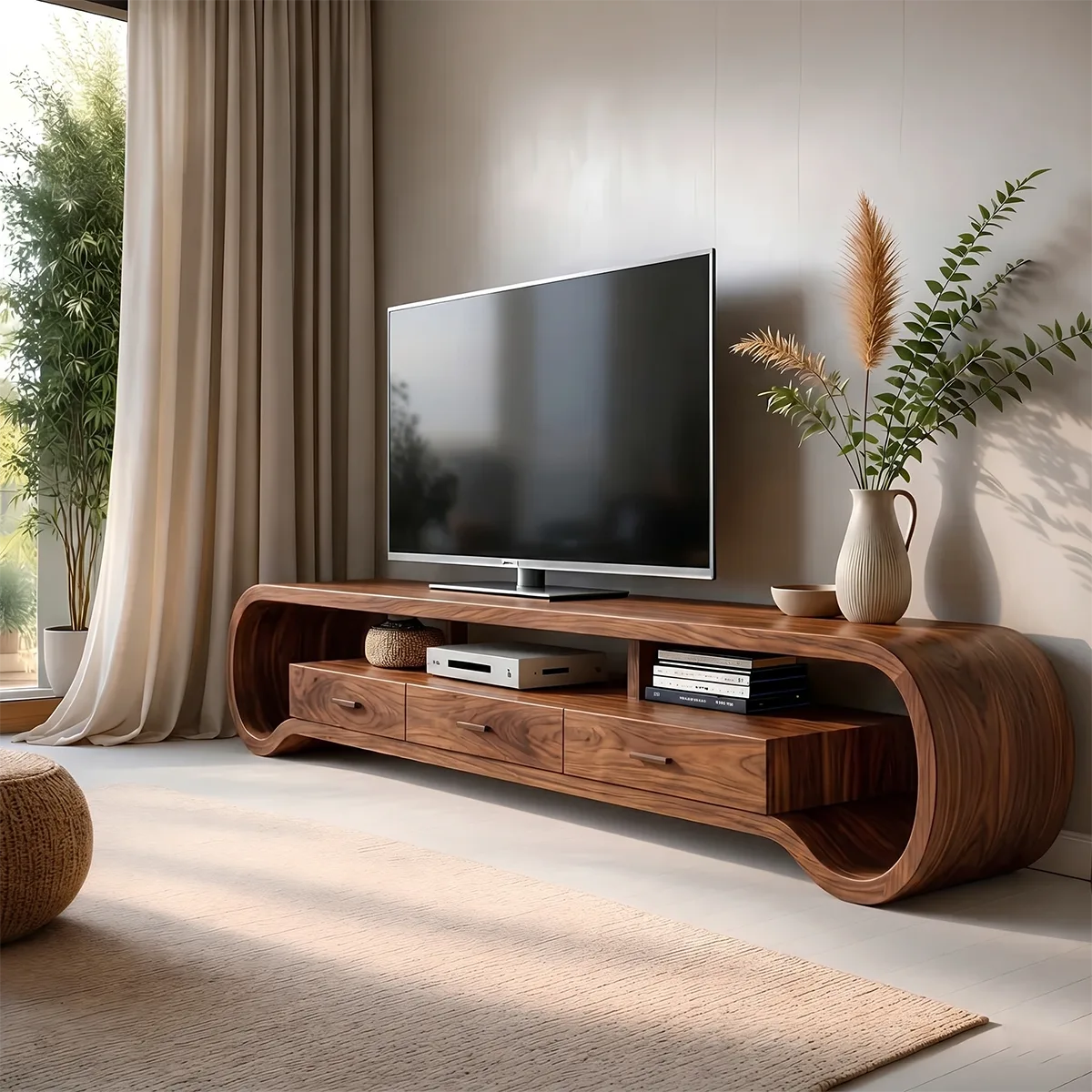Modern Solid Wood Sculptural Loop TV Stand with Drawers
