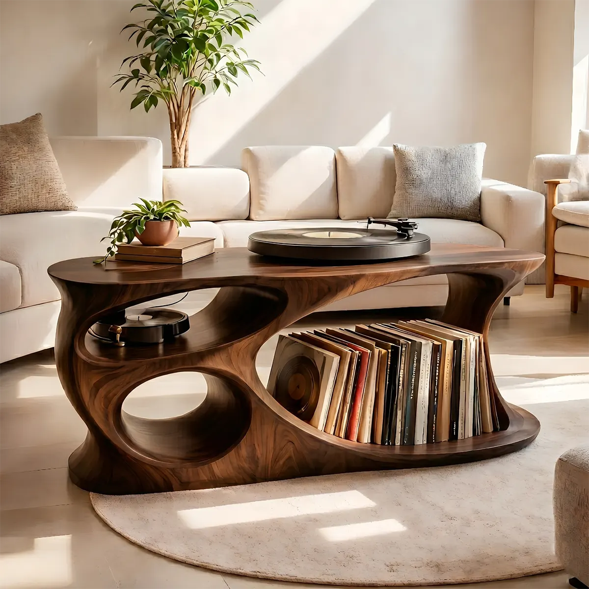 Solid Wood Record Player Stand with Vinyl Storage Shelves
