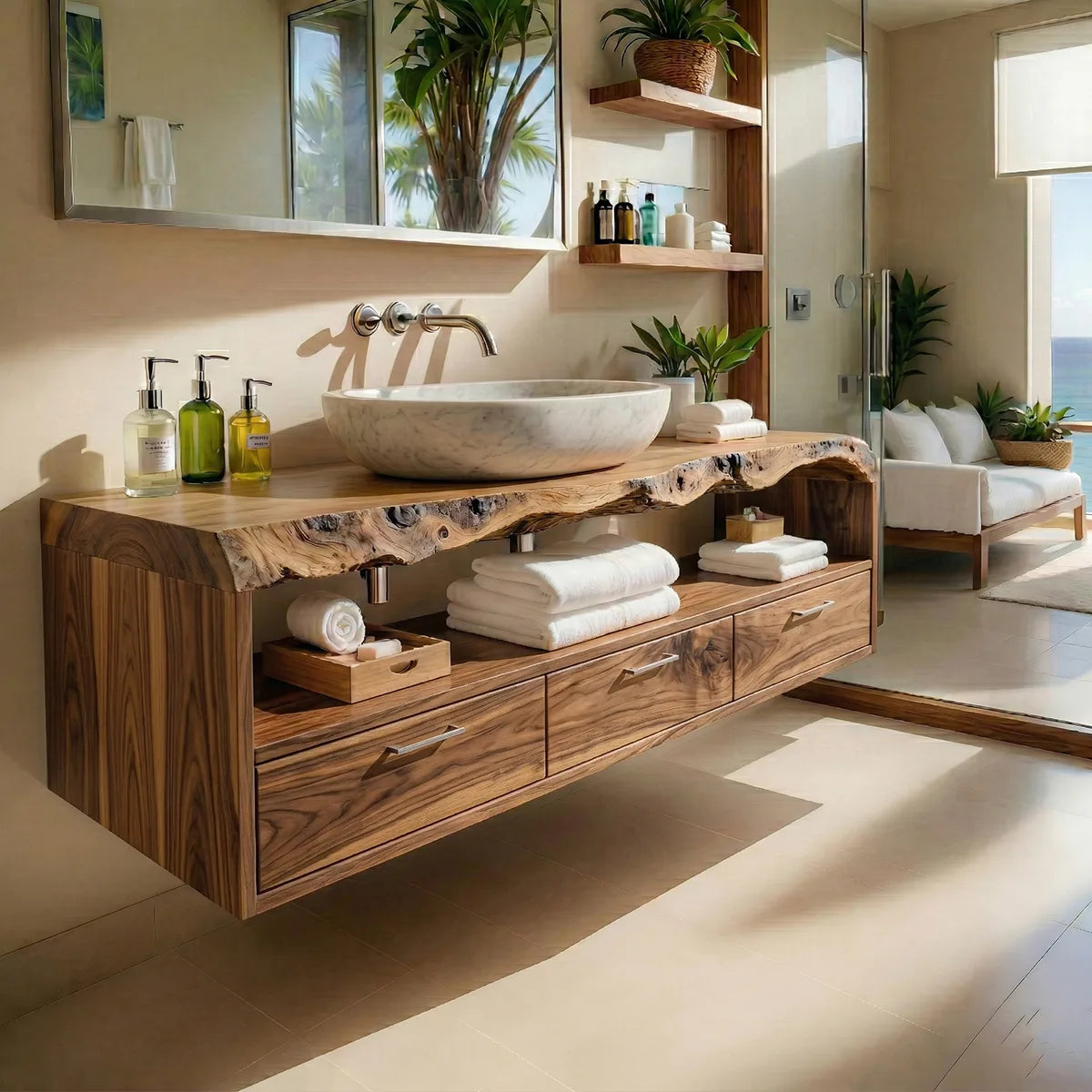 Floating Solid Wood Bathroom Vanity with Live Edge Top, Open Shelf, and 3 Drawers