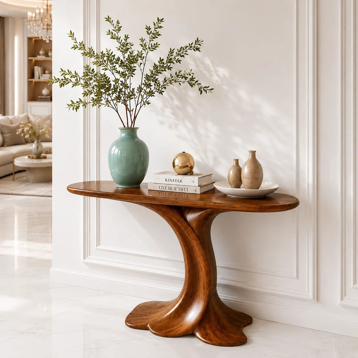 Sculptural Wooden Console Table for Entryway and Living Room Decor