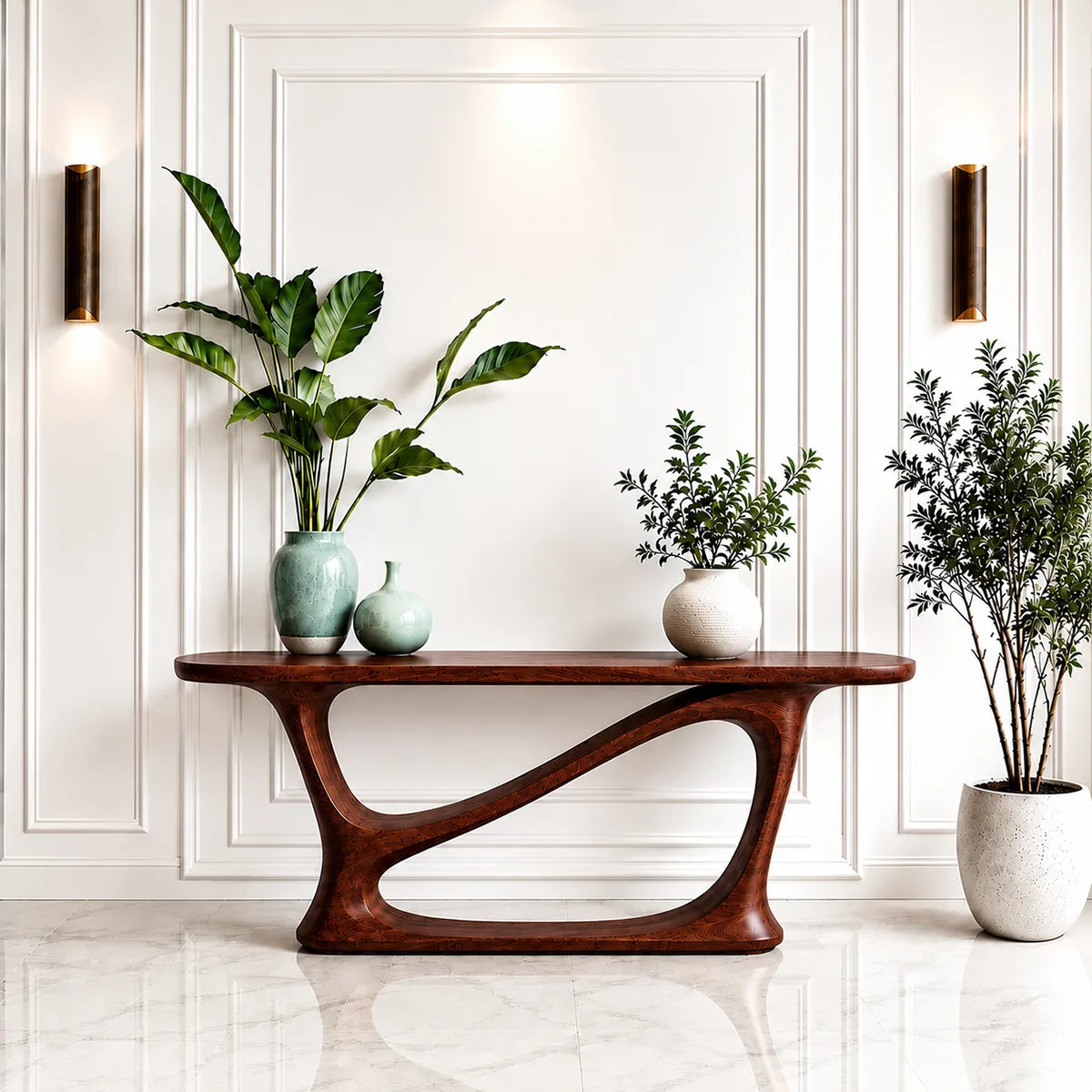 Handcrafted Solid Wood Console Table with Sculptural Base