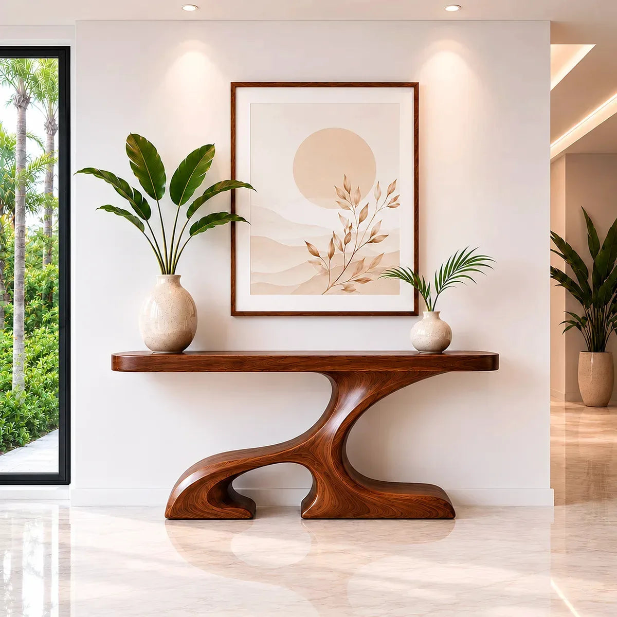 Sculptural Wood Console Table with Curved Base for Entryway Decor