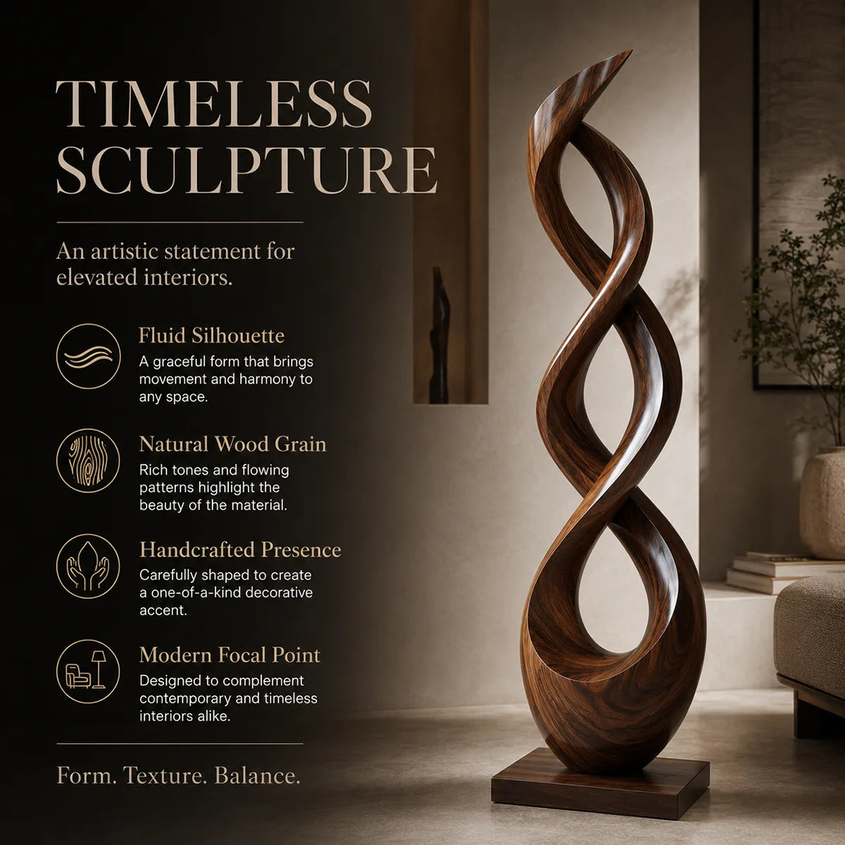 Handcrafted Solid Wood Double Helix Sculpture – Modern Organic Floor Art for Living Room TT006-9620