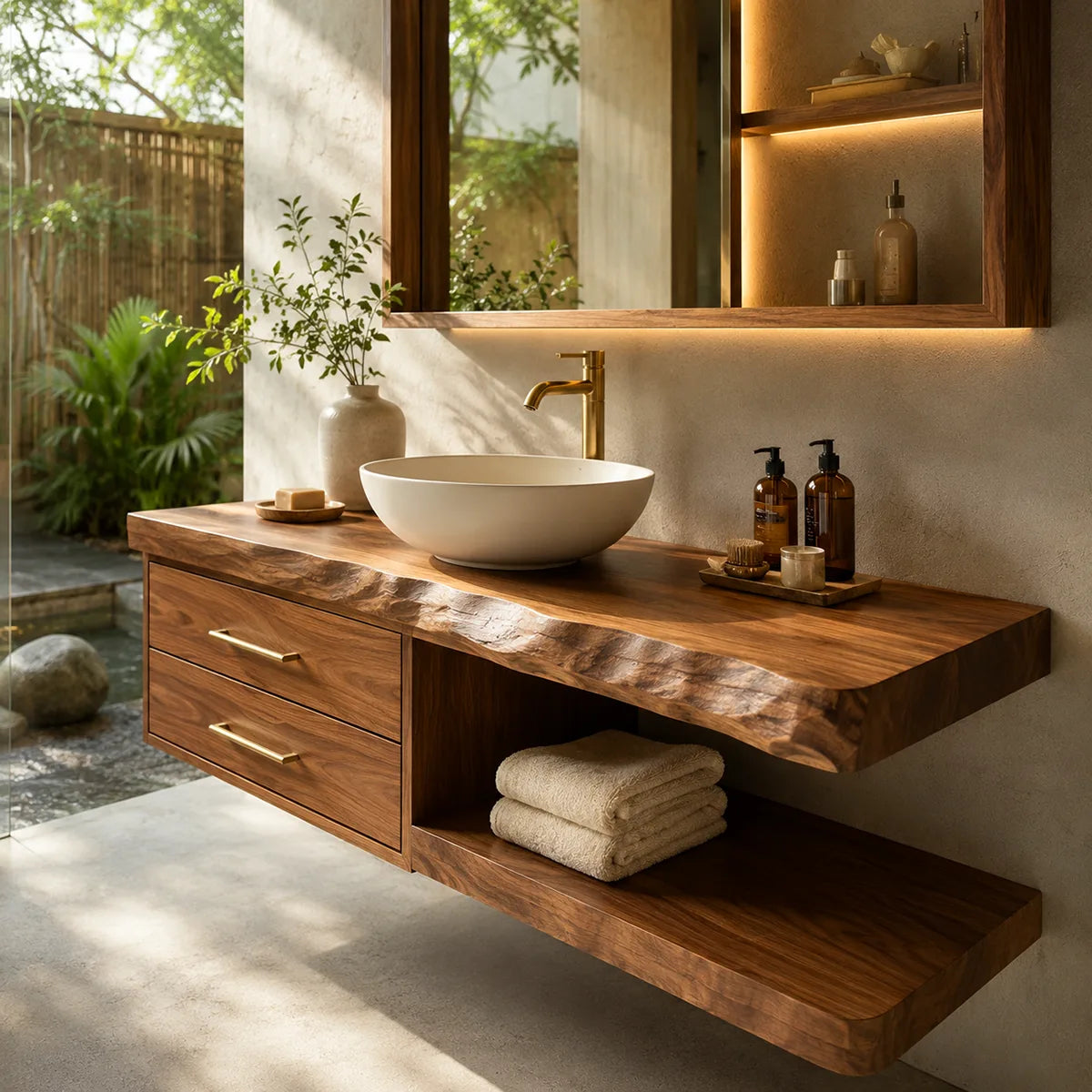 Floating Bathroom Vanity with 2 Drawers & Open Shelf | Organic Edge Modern Vanity TT006-9GFF3VU