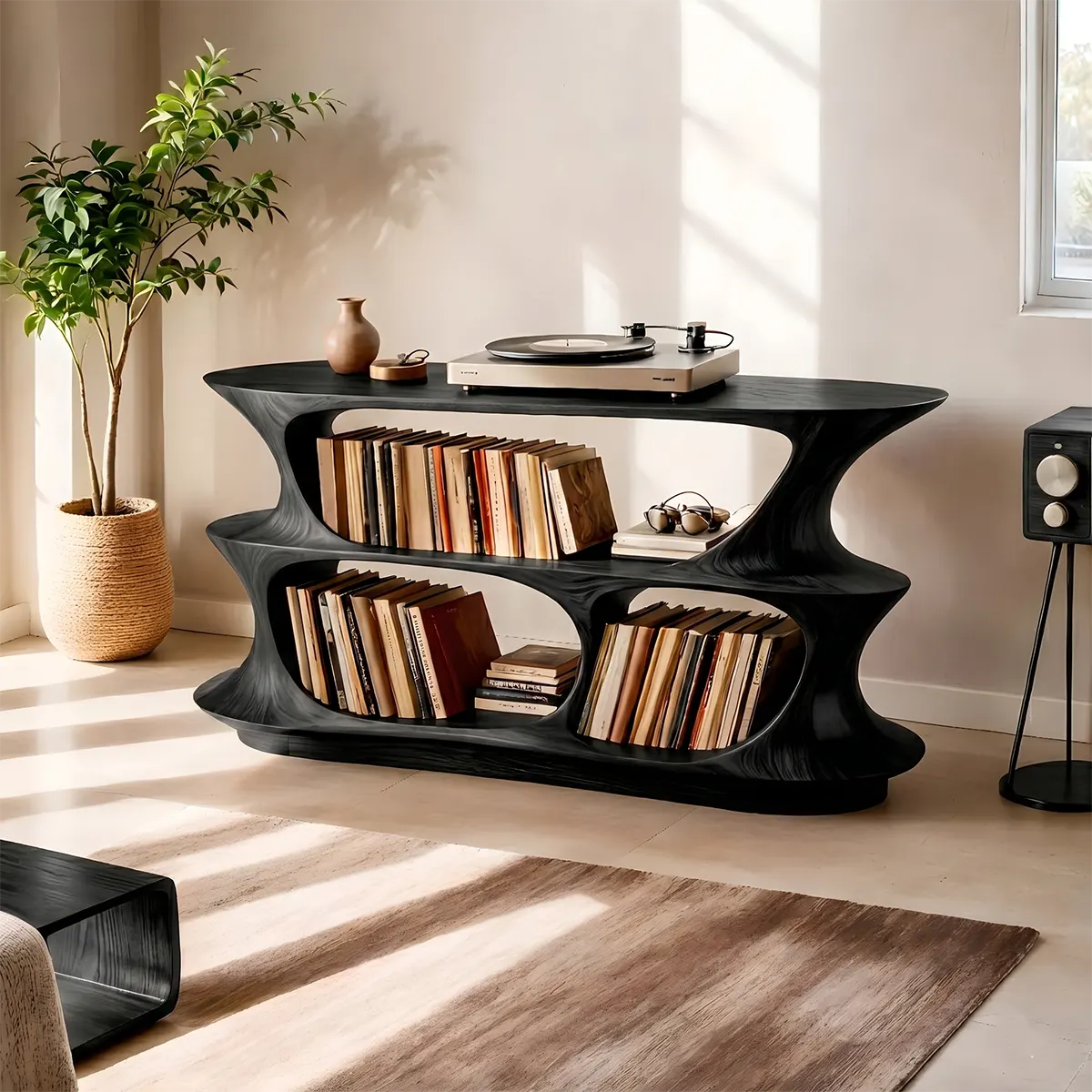 Solid Wood Record Player Stand, Modern Curved Turntable with Vinyl Storage Shelves
