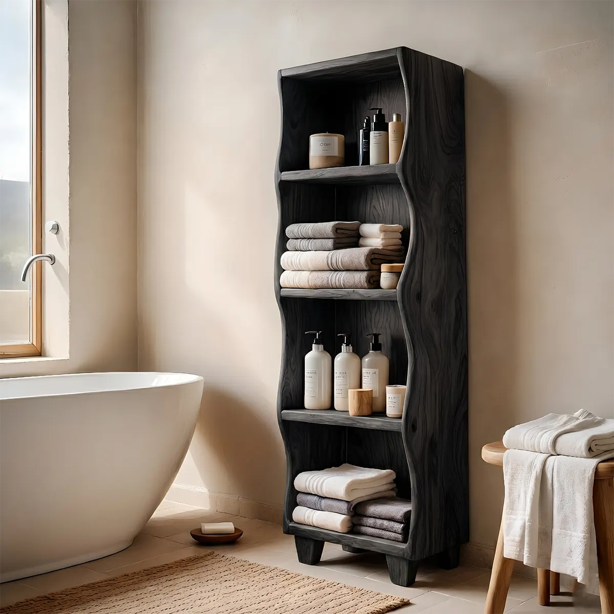 Handcrafted Solid Wood Open Shelf Storage Cabinet