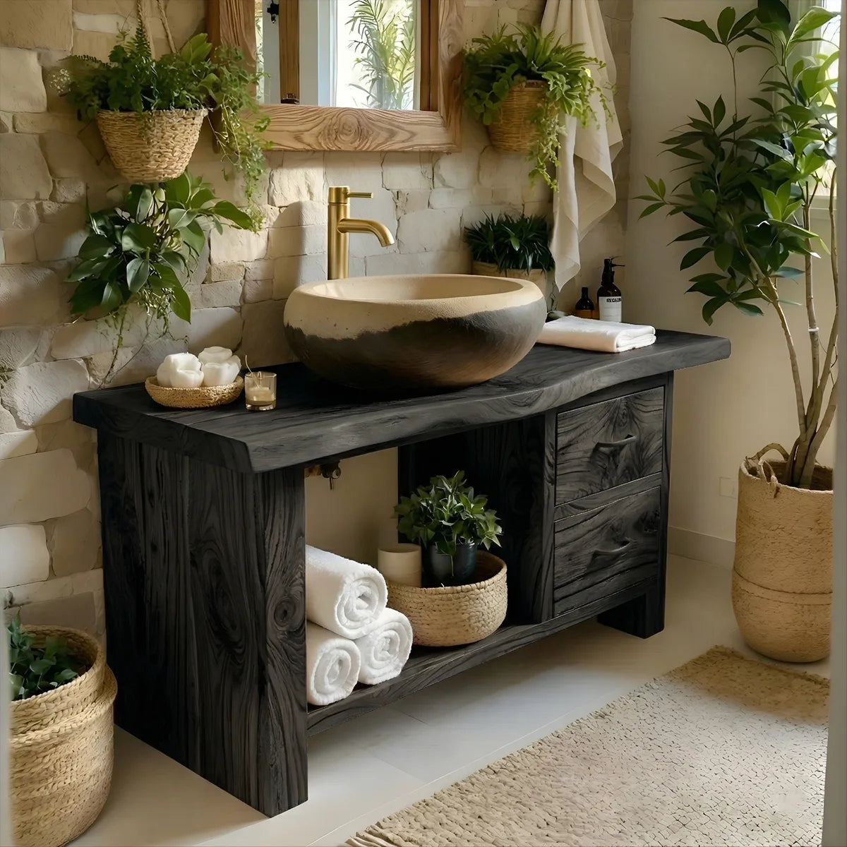 Solid Wood Bathroom Vanity with Open Shelf, 2 Drawers