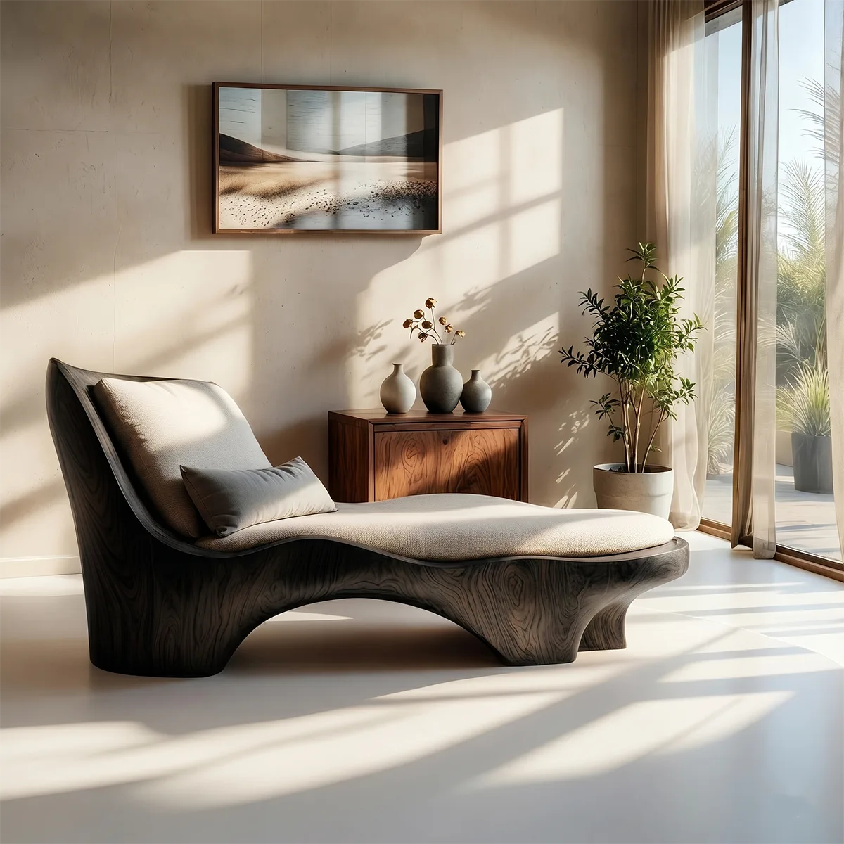 Luxury Organic Modern Solid Wood Chaise Lounge with Sculptural Form