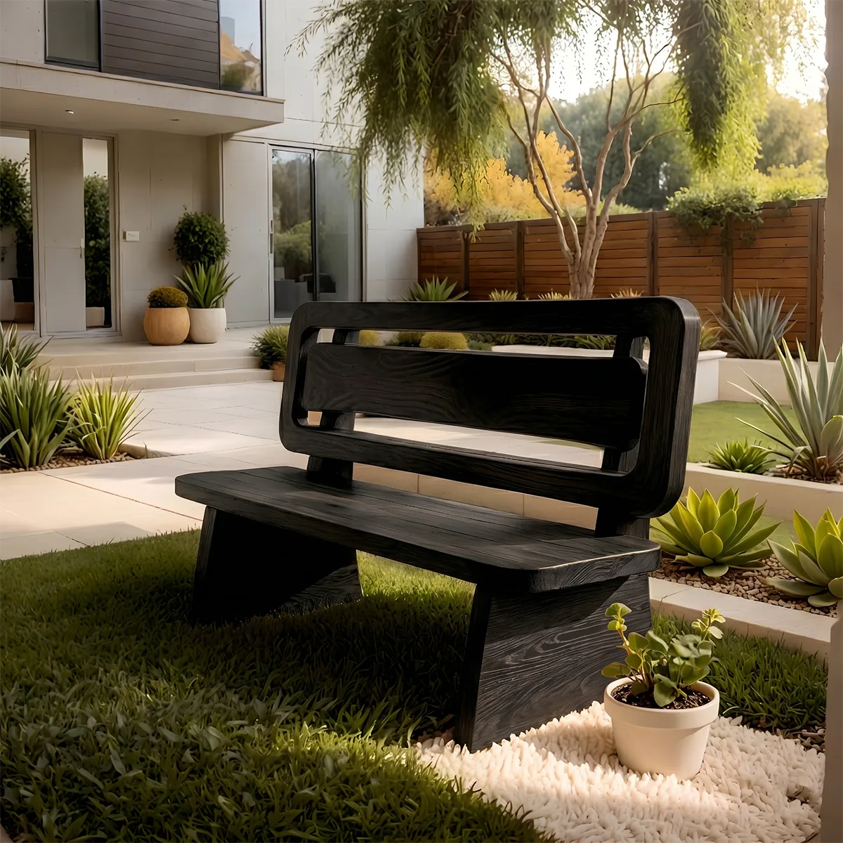 Handcrafted Solid Wood Outdoor Bench Modern Geometric Backrest Garden Bench