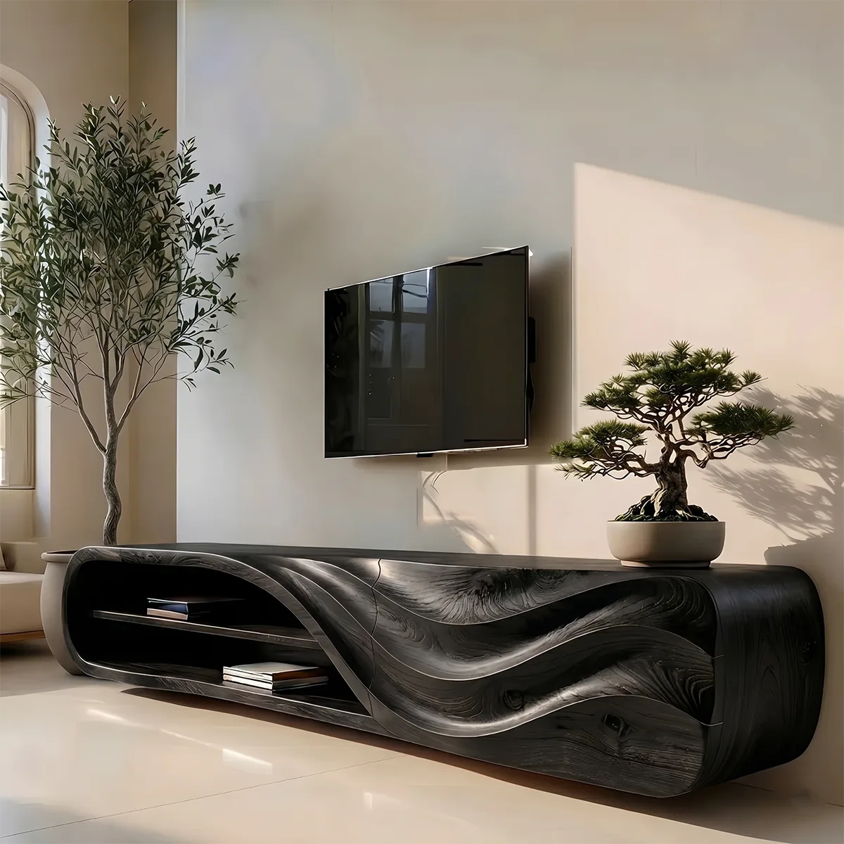 Modern Solid Wood Sculptural Wavy TV Stand with Open Shelving