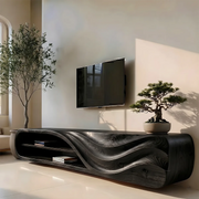 Modern Solid Wood Sculptural Wavy TV Stand with Open Shelving