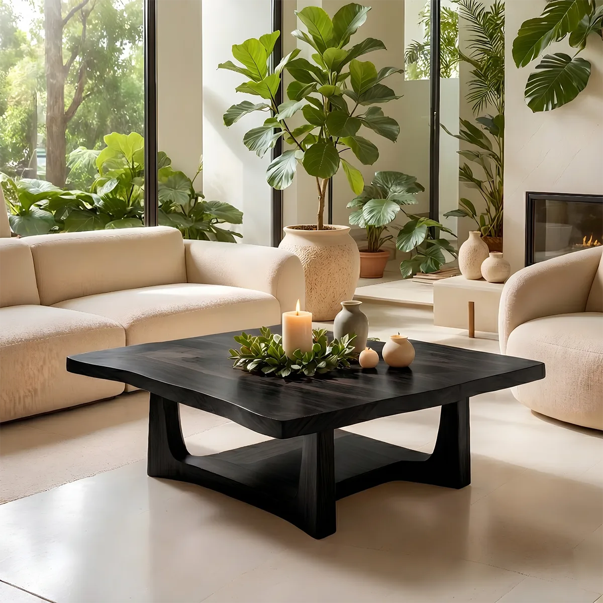 Solid Wood Square Live Edge Coffee Table with Sculptural Geometric Base