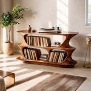 Solid Wood Record Player Stand, Modern Curved Turntable with Vinyl Storage Shelves