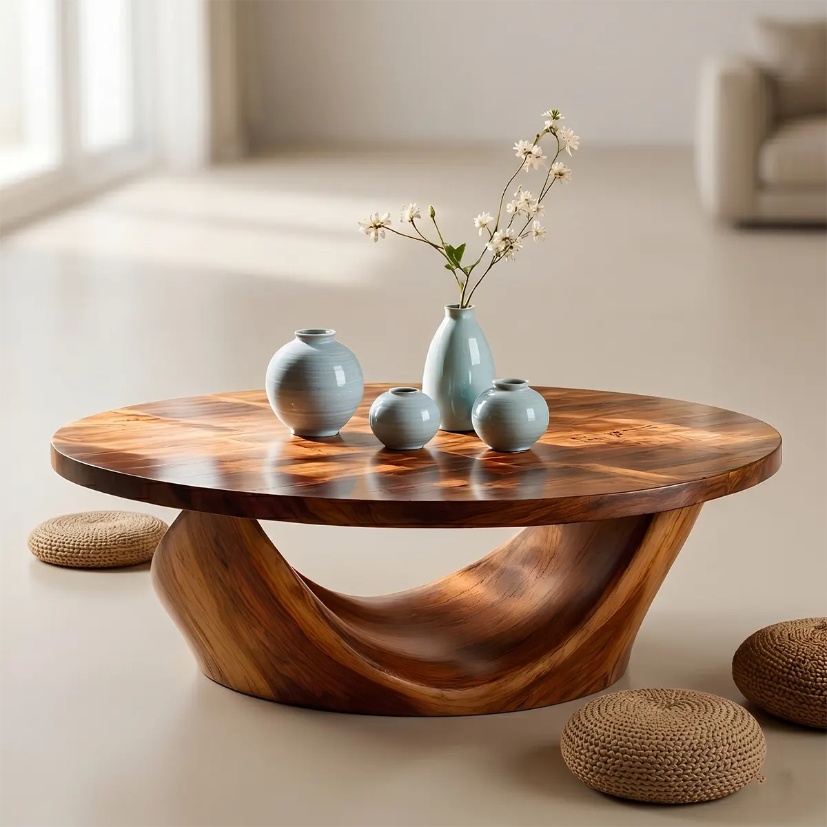 Round Coffee Table, Sculptural Wood Coffee Table, Organic Modern Living Room Center Table TT006-4209