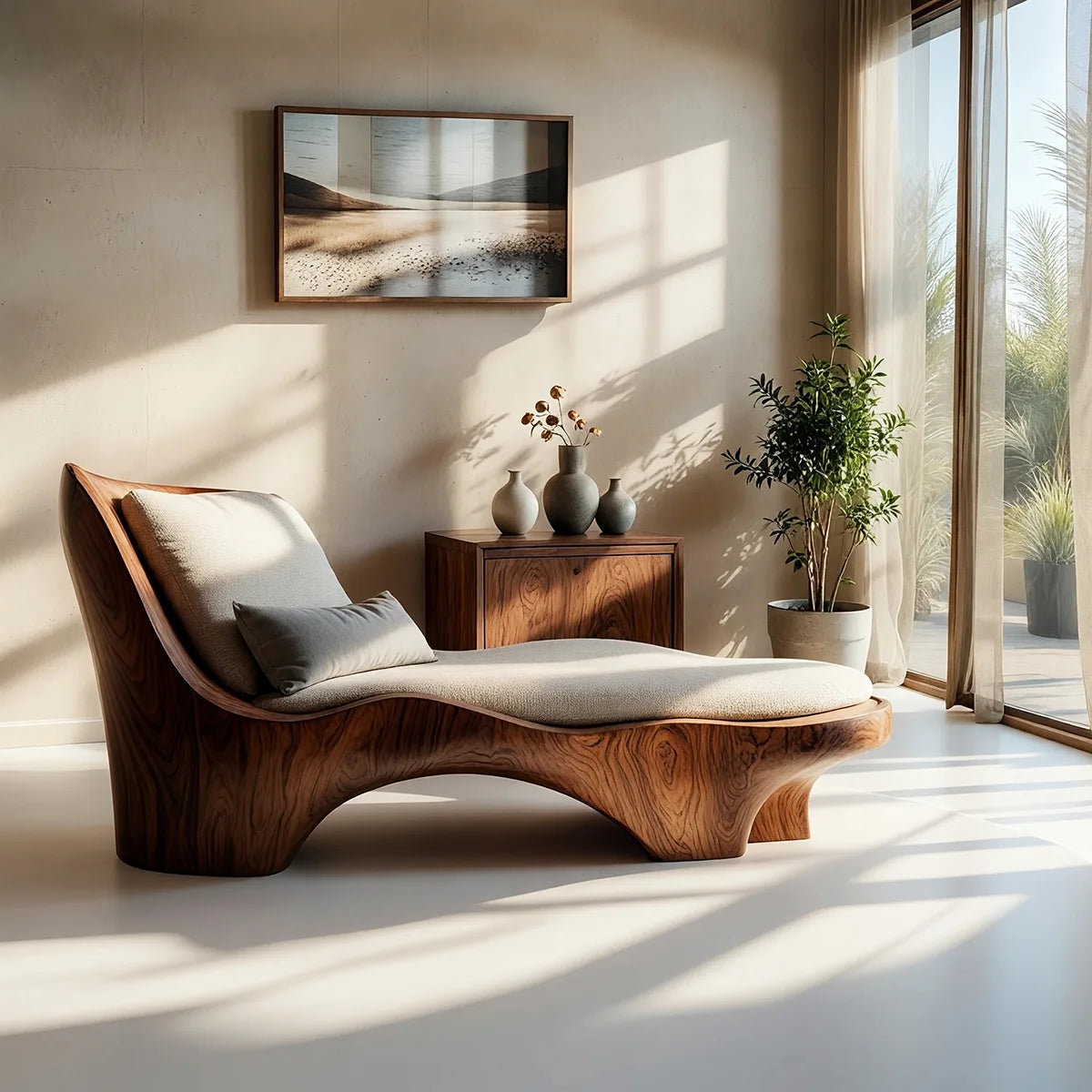 Luxury Organic Modern Solid Wood Chaise Lounge with Sculptural Form