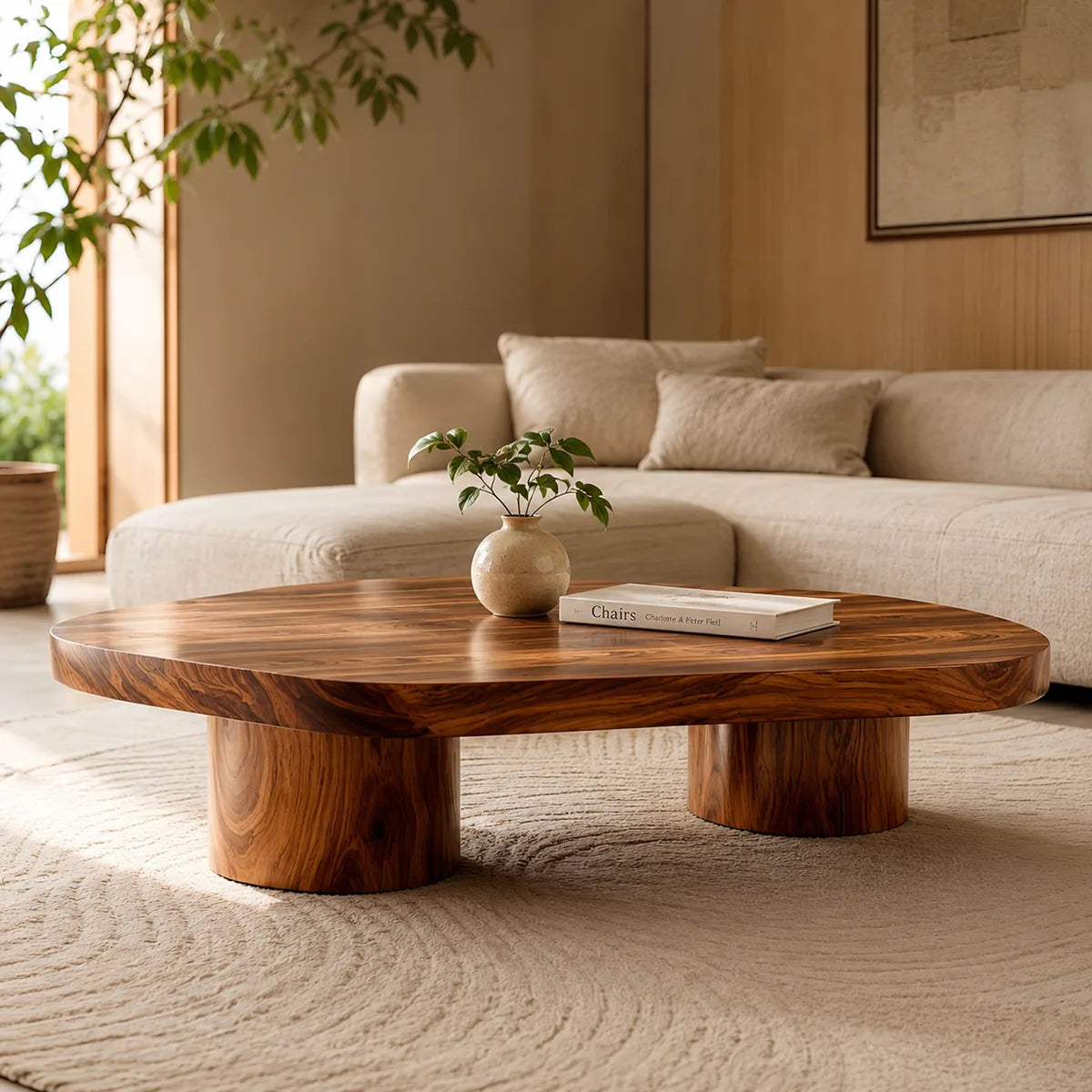 Organic Solid Wood Coffee Table | Modern Freeform Hardwood Coffee Table with Dual Pedestal Base TT006-7752