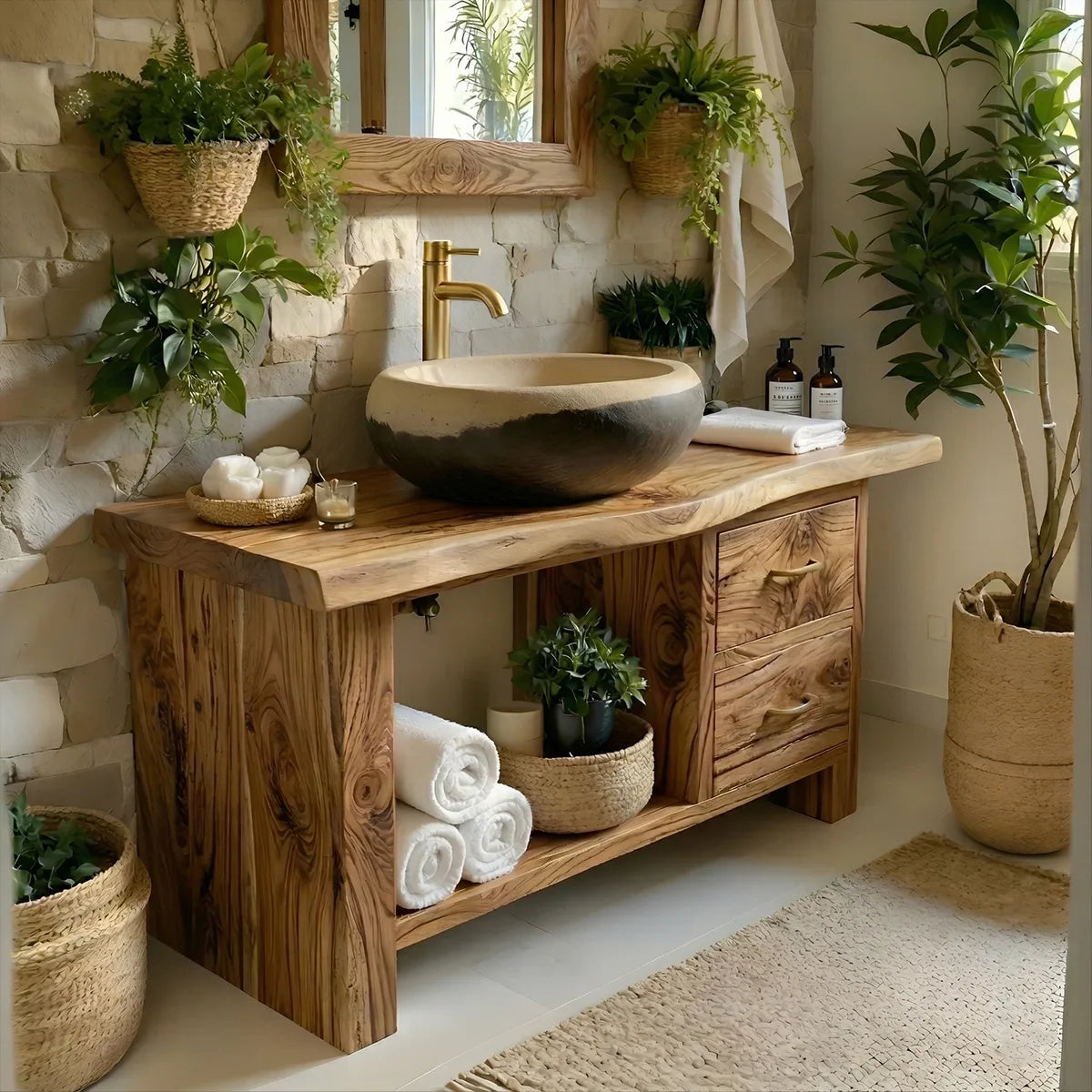 Solid Wood Bathroom Vanity with Open Shelf, 2 Drawers