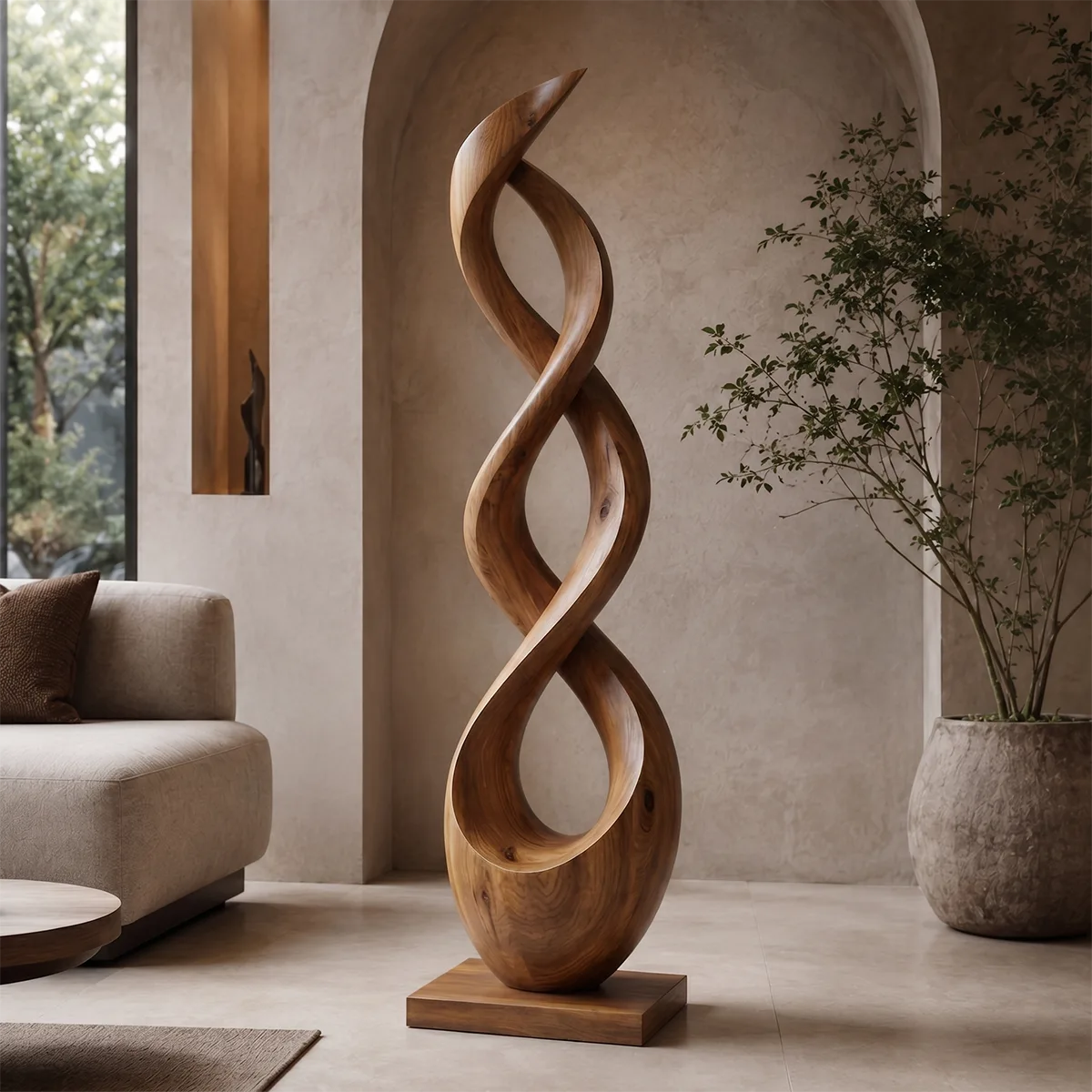 Handcrafted Solid Wood Double Helix Sculpture – Modern Organic Floor Art for Living Room TT006-9620