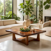 Solid Wood Square Live Edge Coffee Table with Sculptural Geometric Base