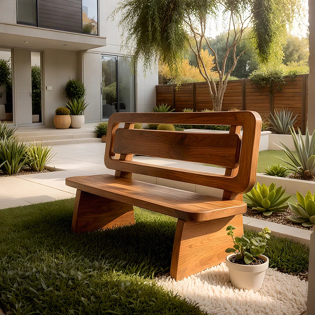 Handcrafted Solid Wood Outdoor Bench Modern Geometric Backrest Garden Bench
