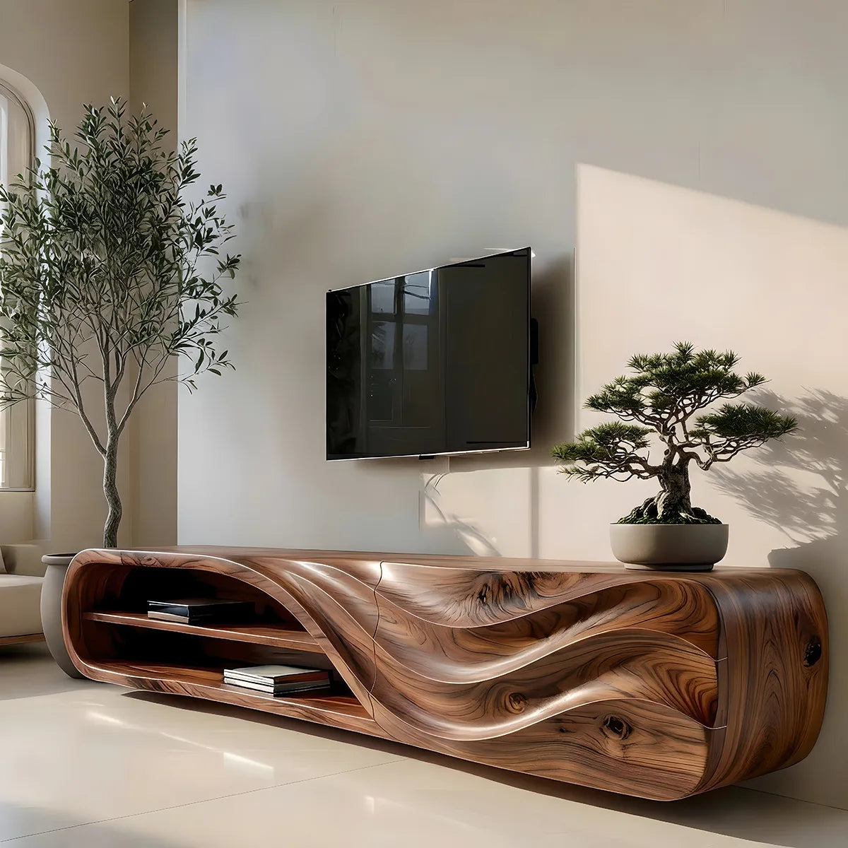 Modern Solid Wood Sculptural Wavy TV Stand with Open Shelving