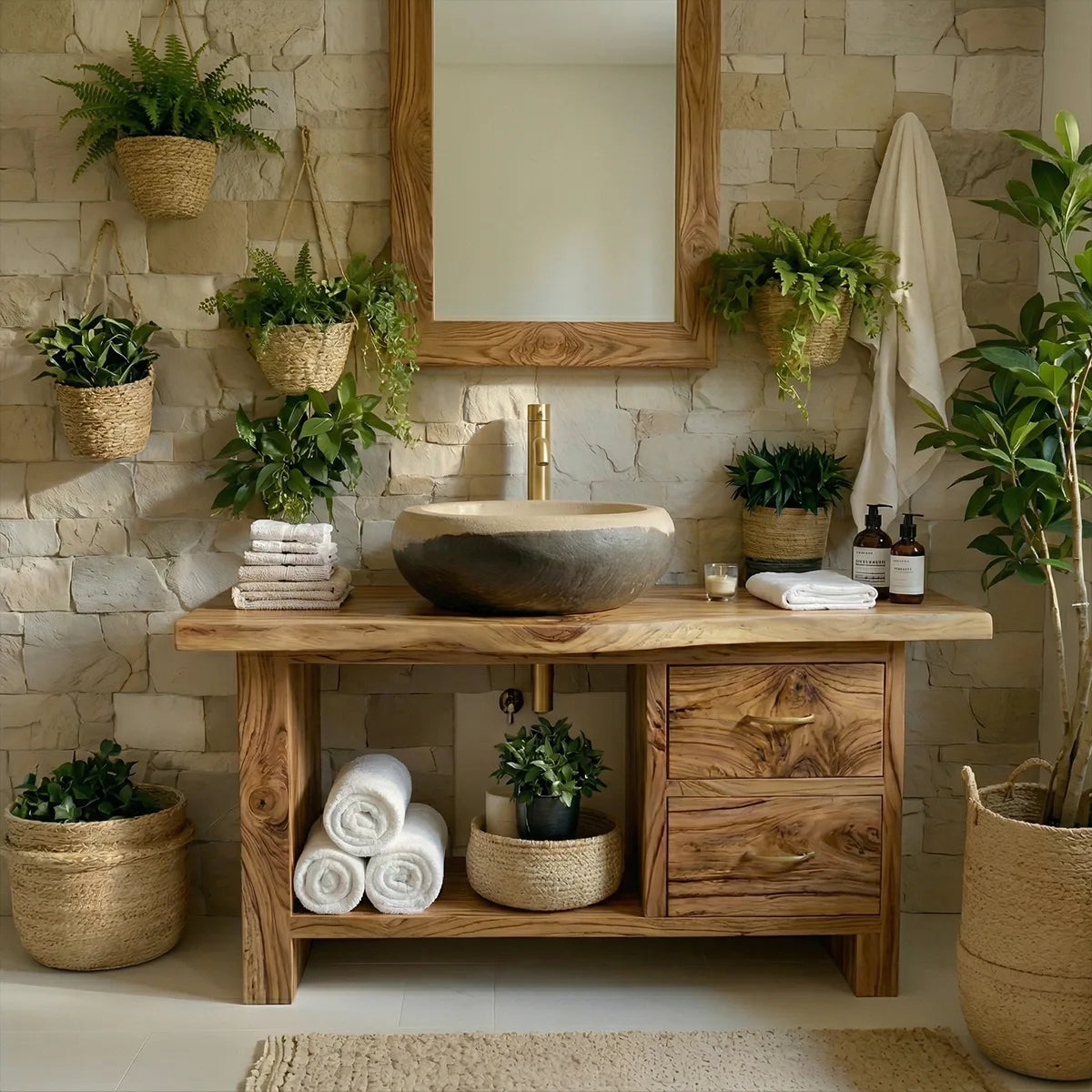Solid Wood Bathroom Vanity with Open Shelf, 2 Drawers