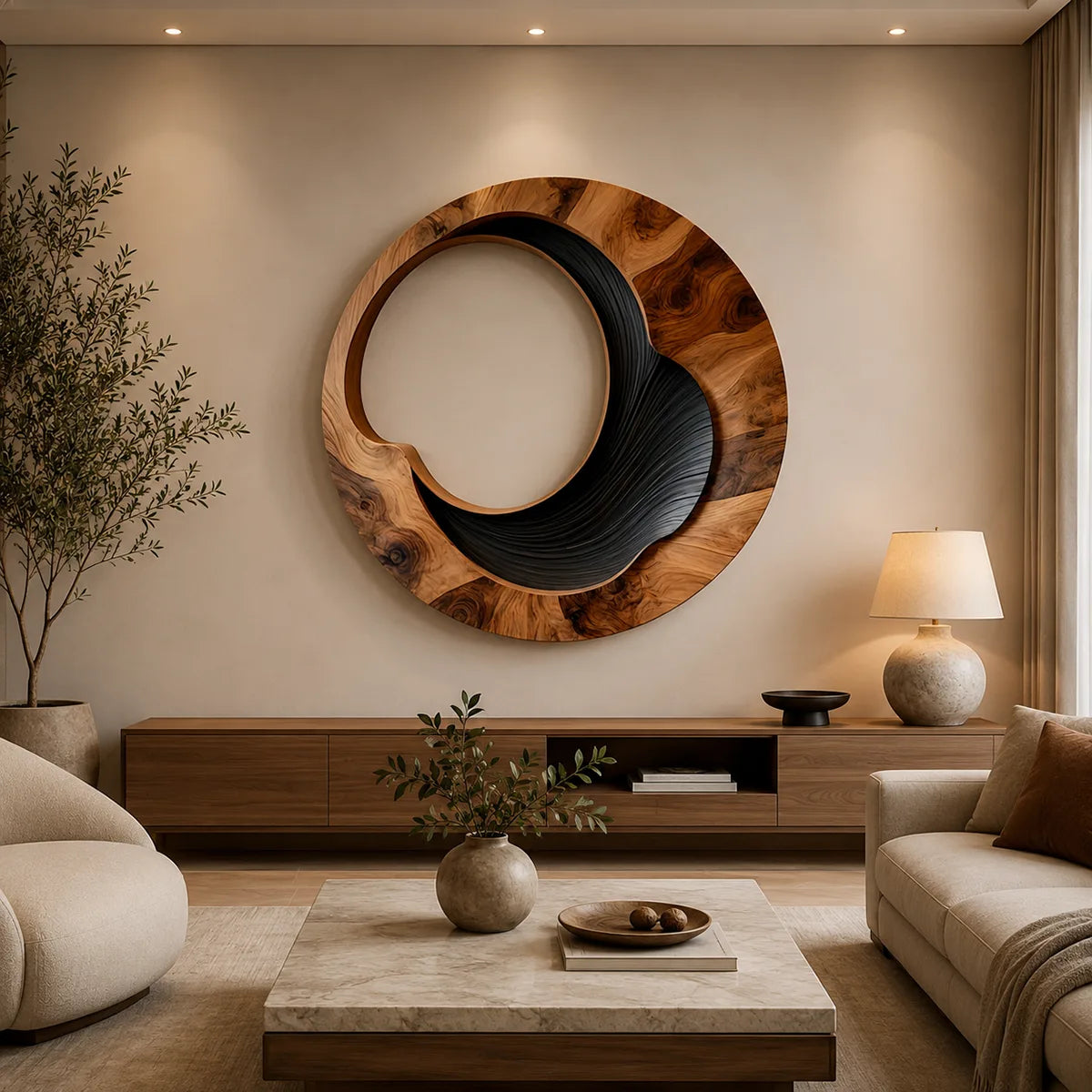 Abstract Circular Wave Wood Wall Art | Large Round Modern Wooden Wall Sculpture TT006-9034