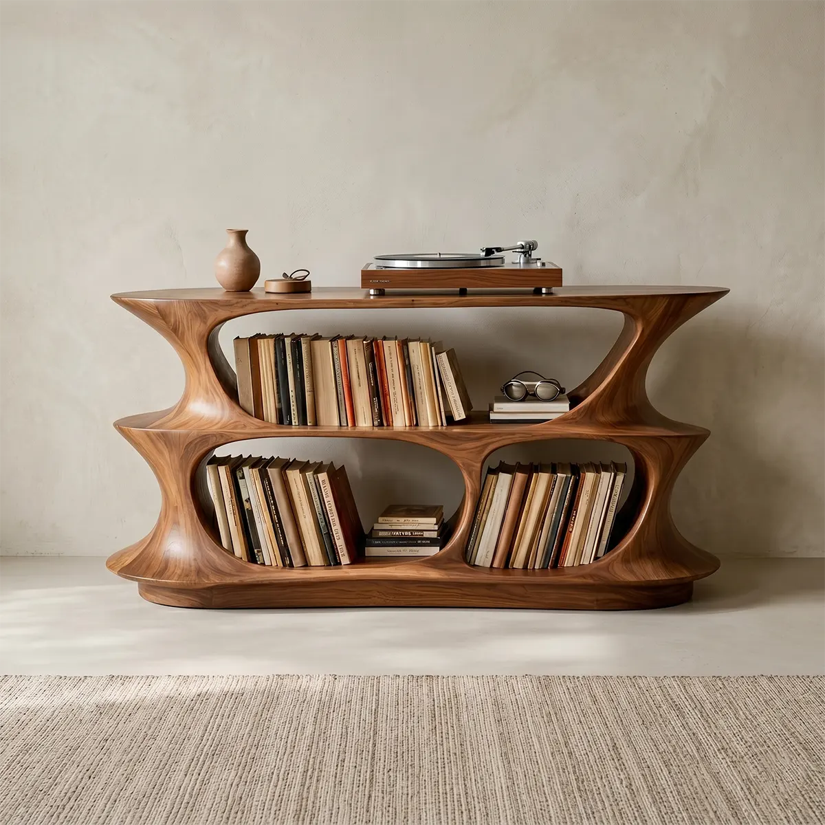 Solid Wood Record Player Stand, Modern Curved Turntable with Vinyl Storage Shelves