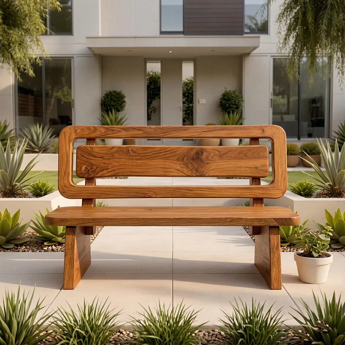 Handcrafted Solid Wood Outdoor Bench Modern Geometric Backrest Garden Bench