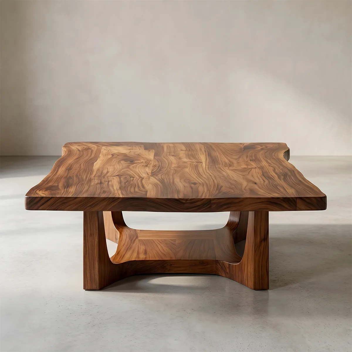 Solid Wood Square Live Edge Coffee Table with Sculptural Geometric Base