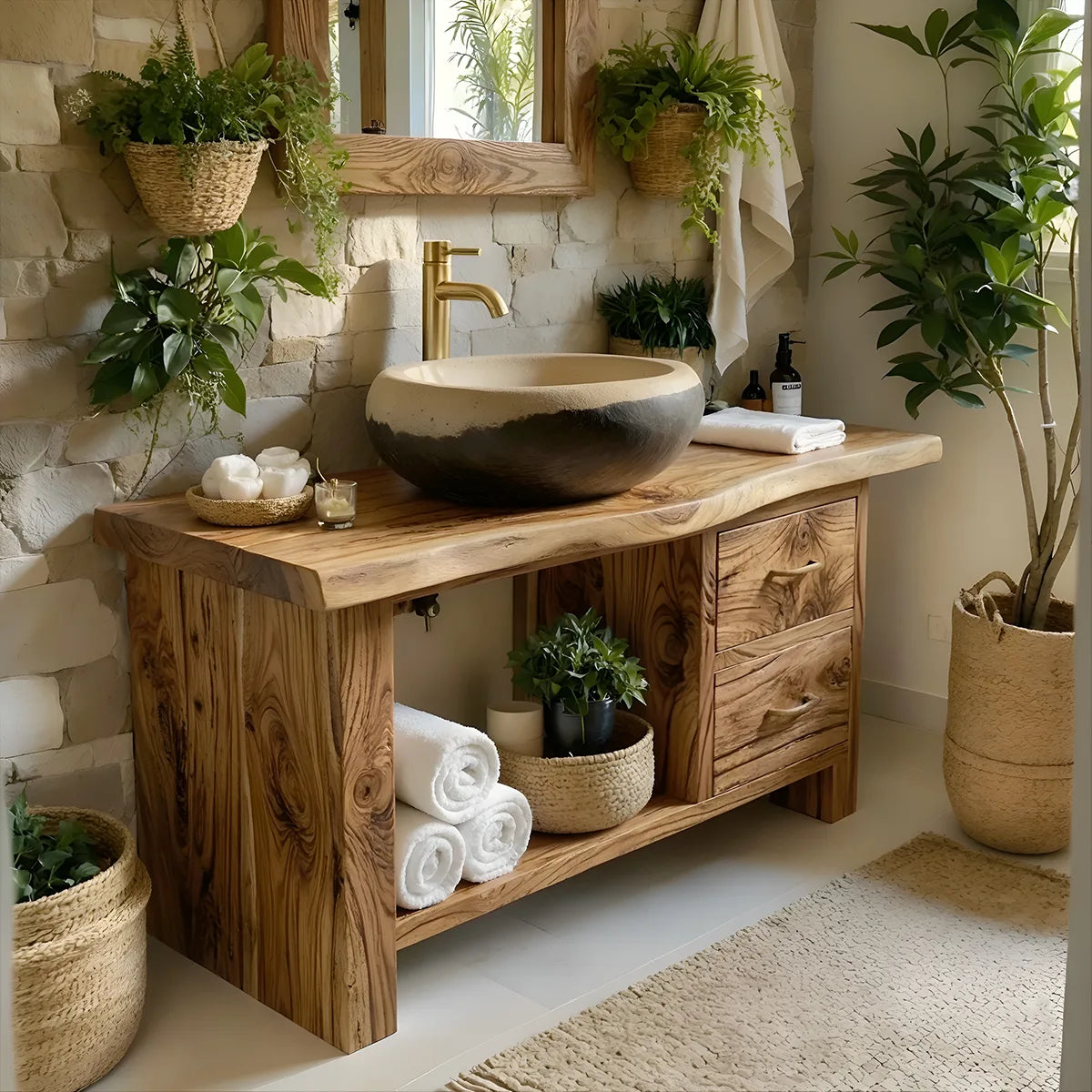 Solid Wood Bathroom Vanity with Open Shelf, 2 Drawers