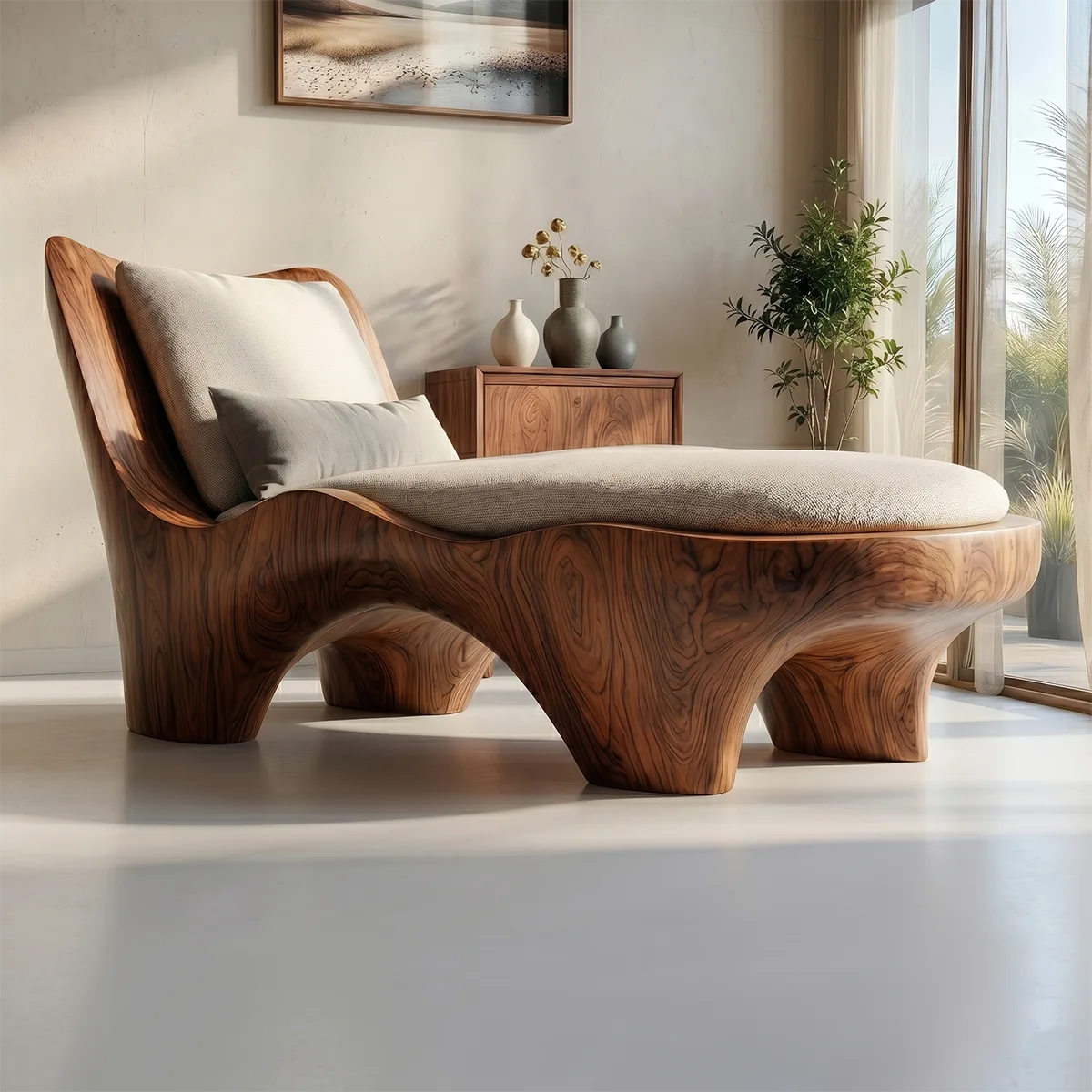 Luxury Organic Modern Solid Wood Chaise Lounge with Sculptural Form