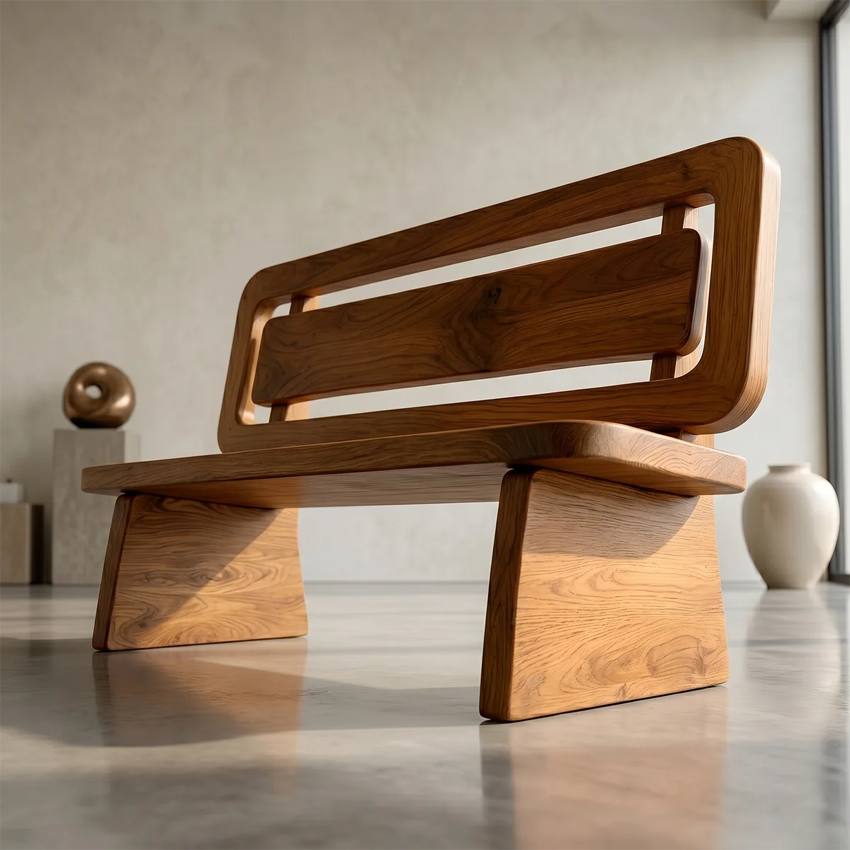 Handcrafted Solid Wood Outdoor Bench Modern Geometric Backrest Garden Bench