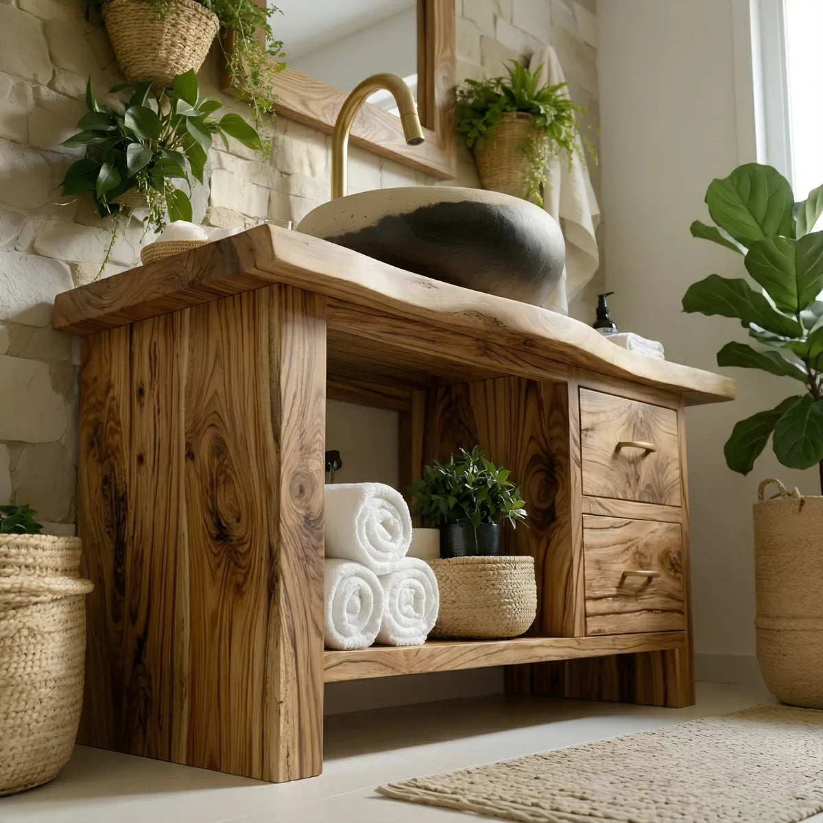 Solid Wood Bathroom Vanity with Open Shelf, 2 Drawers