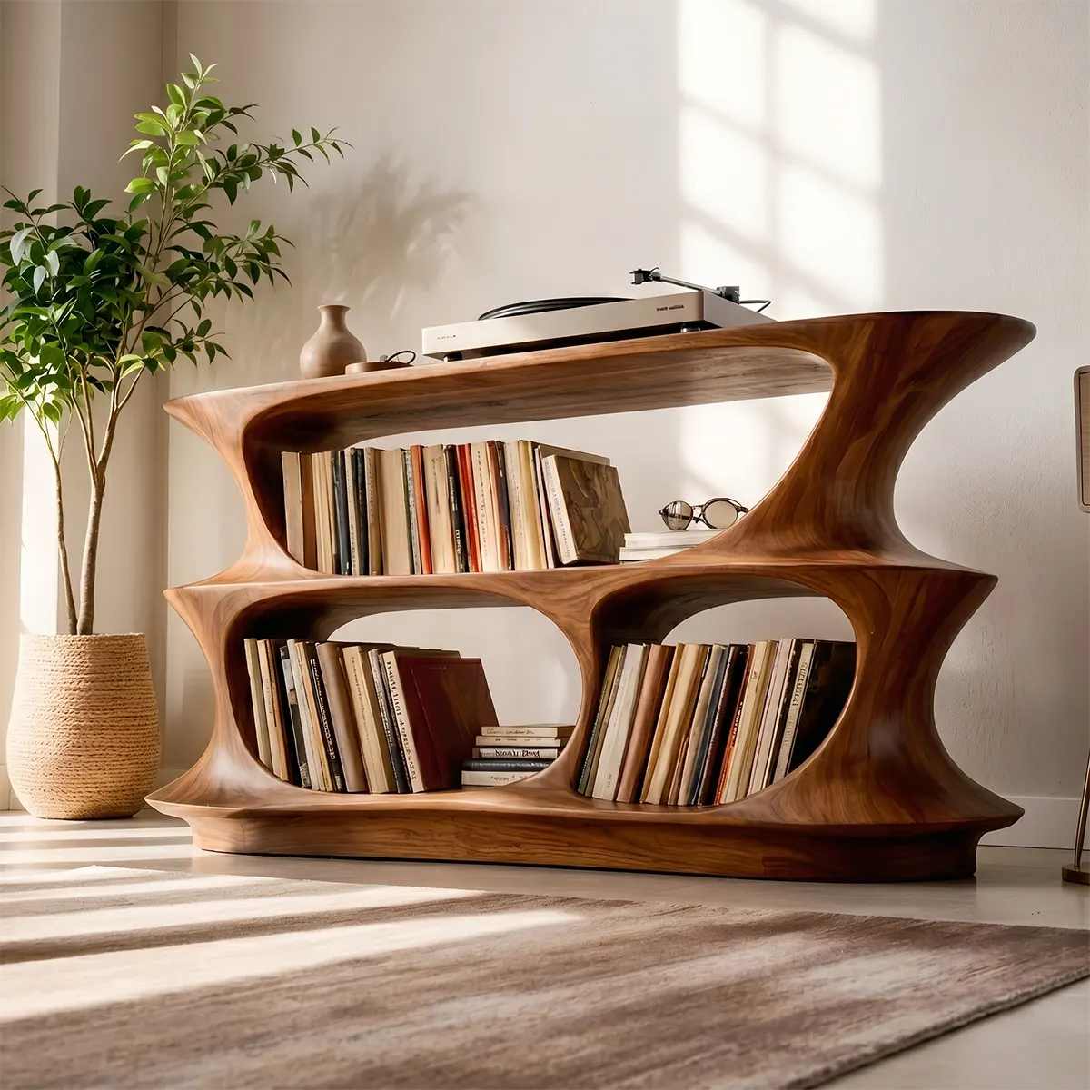 Solid Wood Record Player Stand, Modern Curved Turntable with Vinyl Storage Shelves