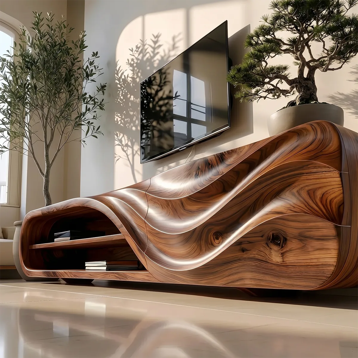 Modern Solid Wood Sculptural Wavy TV Stand with Open Shelving