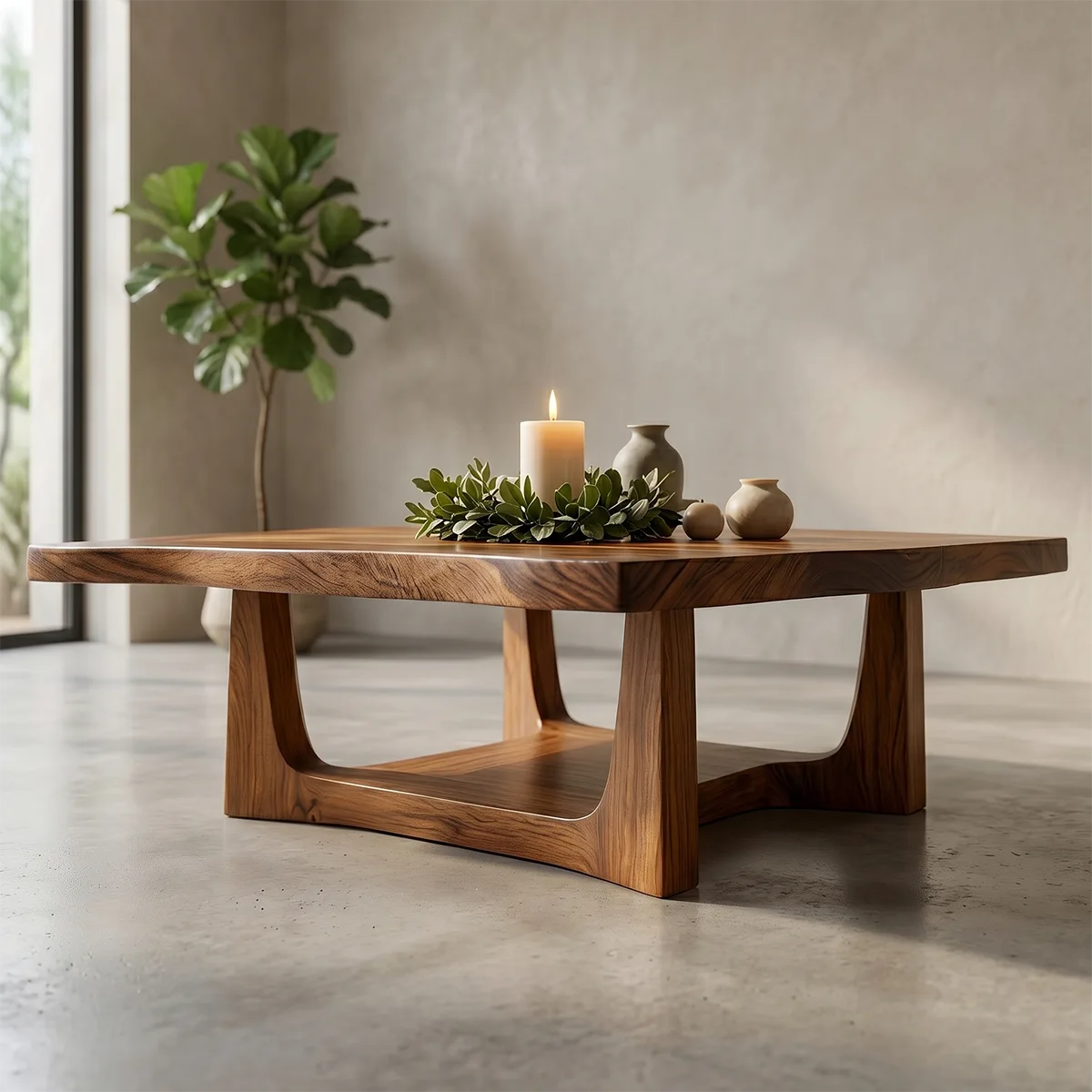 Solid Wood Square Live Edge Coffee Table with Sculptural Geometric Base