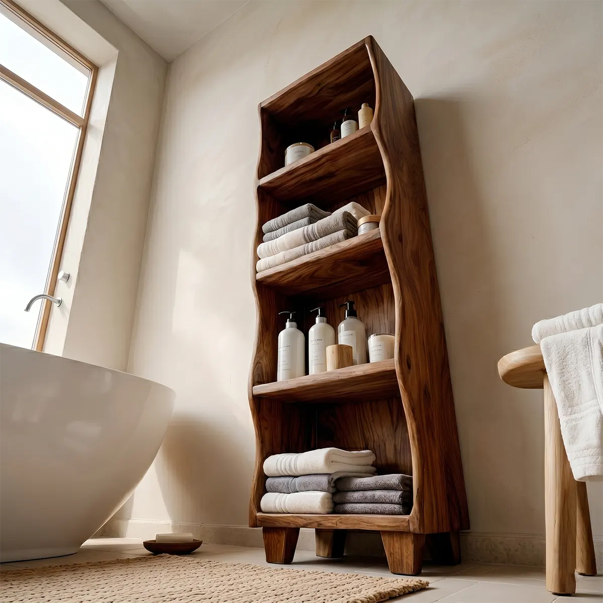 Handcrafted Solid Wood Open Shelf Storage Cabinet