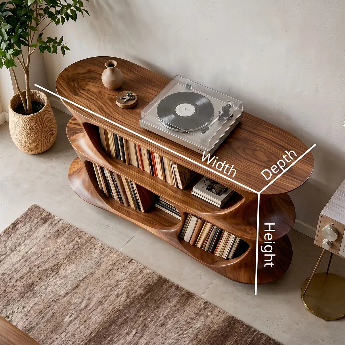 Solid Wood Record Player Stand, Modern Curved Turntable with Vinyl Storage Shelves