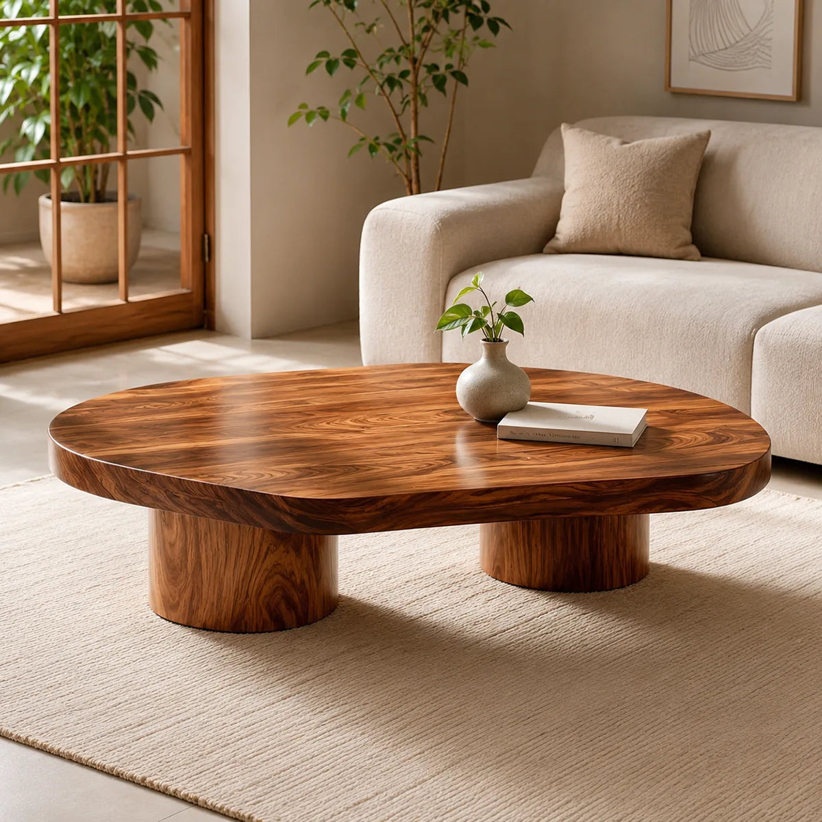 Organic Solid Wood Coffee Table | Modern Freeform Hardwood Coffee Table with Dual Pedestal Base TT006-7752