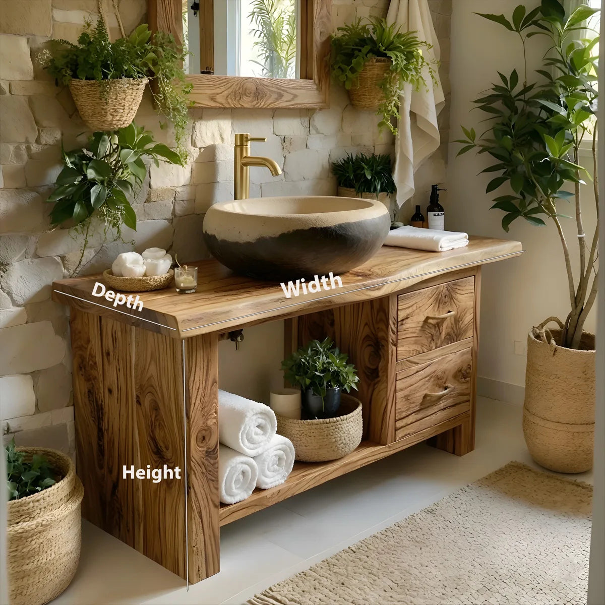 Solid Wood Bathroom Vanity with Open Shelf, 2 Drawers