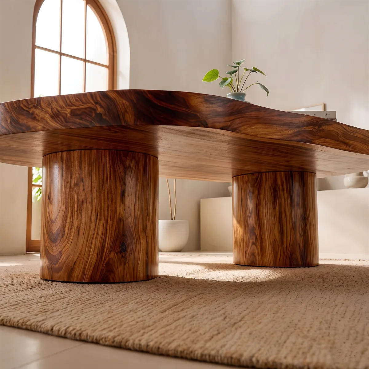 Organic Solid Wood Coffee Table | Modern Freeform Hardwood Coffee Table with Dual Pedestal Base TT006-7752