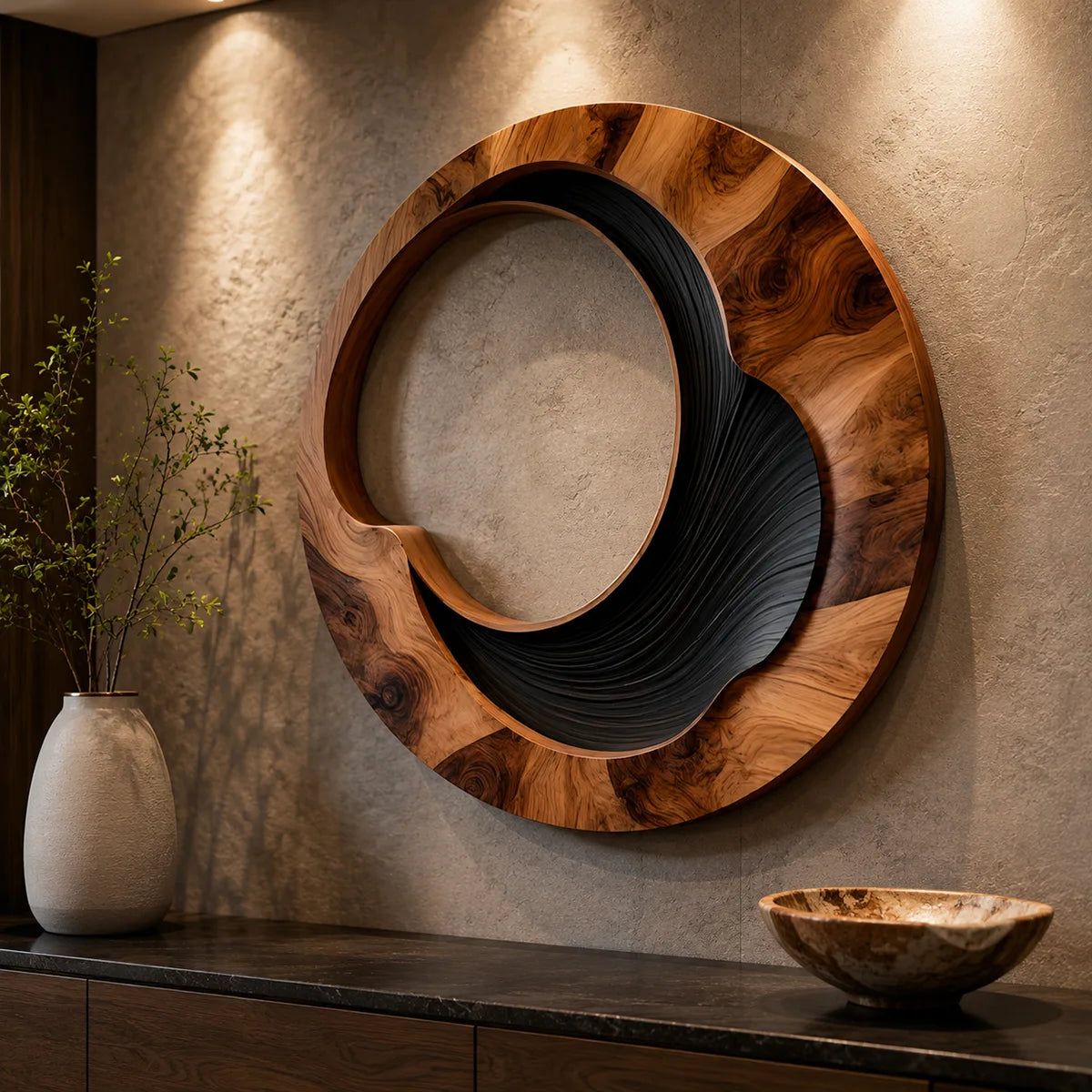 Abstract Circular Wave Wood Wall Art | Large Round Modern Wooden Wall Sculpture TT006-9034