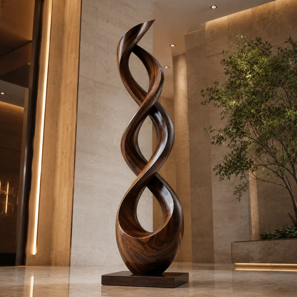 Handcrafted Solid Wood Double Helix Sculpture – Modern Organic Floor Art for Living Room TT006-9620
