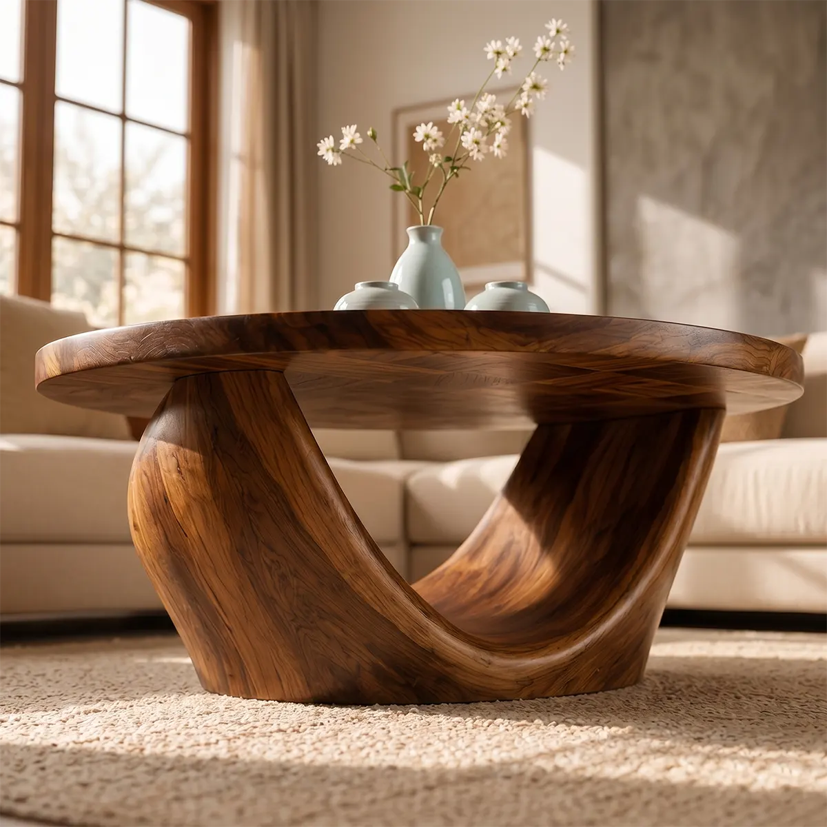 Round Coffee Table, Sculptural Wood Coffee Table, Organic Modern Living Room Center Table TT006-4209