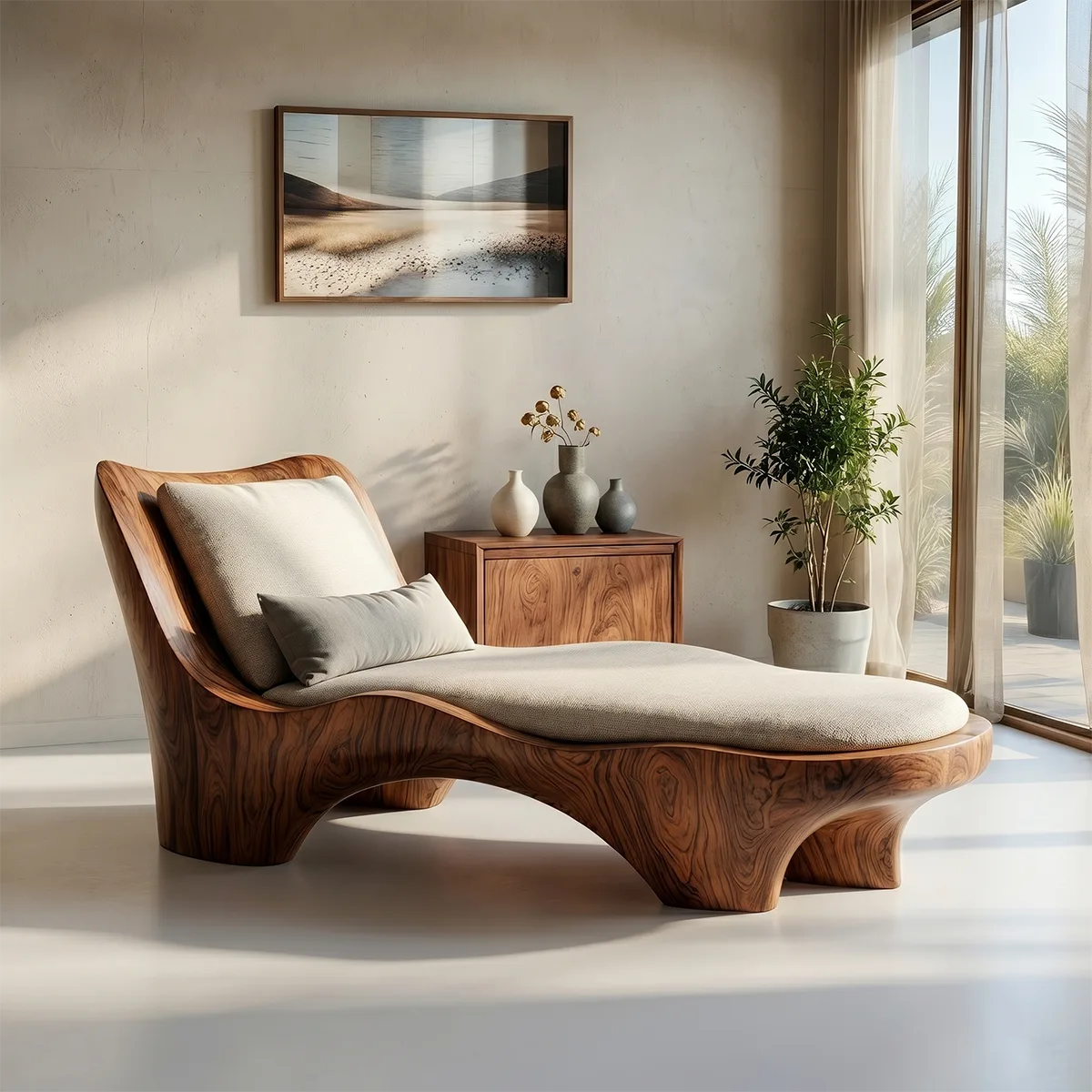Luxury Organic Modern Solid Wood Chaise Lounge with Sculptural Form