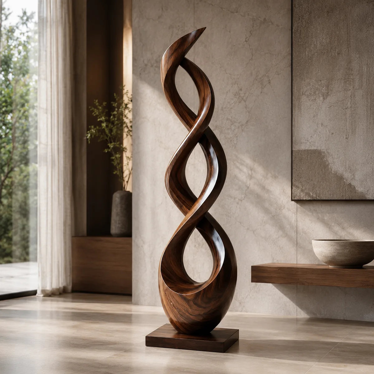 Handcrafted Solid Wood Double Helix Sculpture – Modern Organic Floor Art for Living Room TT006-9620